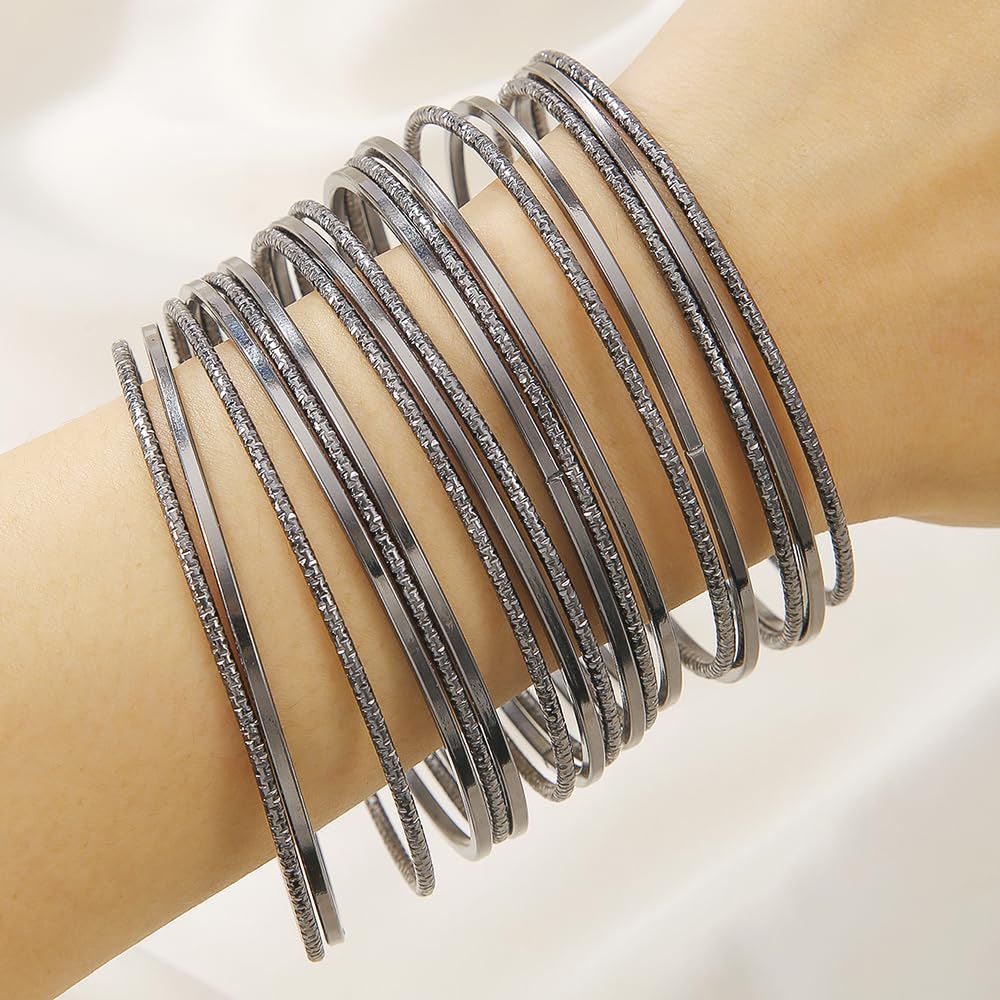 RINTOLER 17Pcs Black Bangle Bracelets for Women - Multi Layer Stackable Textured Bracelets Boho Jewelrys Set. (P SET-17pc Black)
