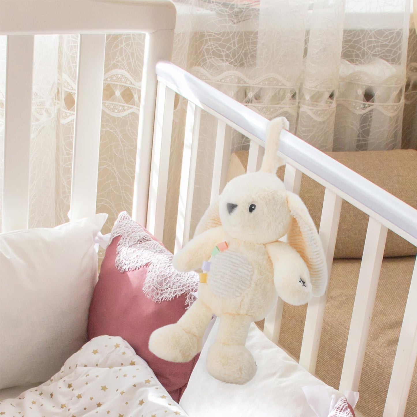 Linzy 10" Bunny Stroller Toy – Soft Bunny Plush Baby Toy with LED Night Light & Lullaby Music, Birthday Christmas for Newborns Toddlers Kids