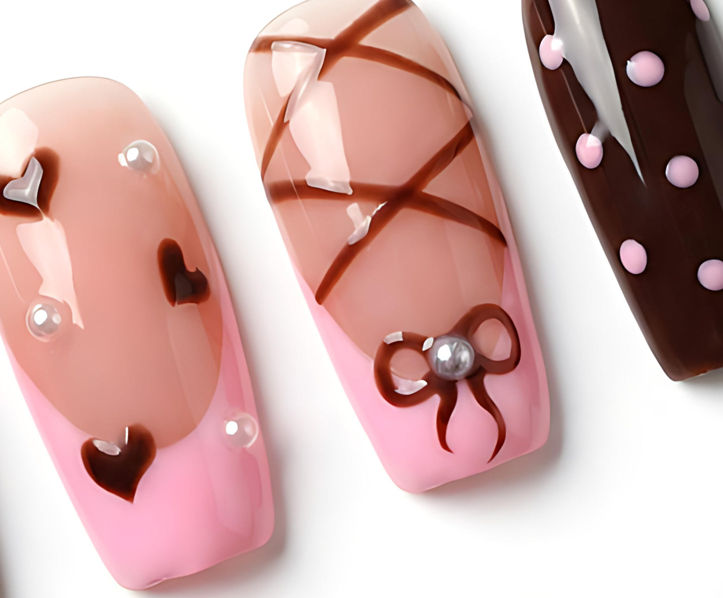 Handmade Press on Nails Square 3D Cute Glue on Nails for Women, Luxury Homemade Press on Nail Art Design, Fake Nails with 3D Nail Charms Size M 3