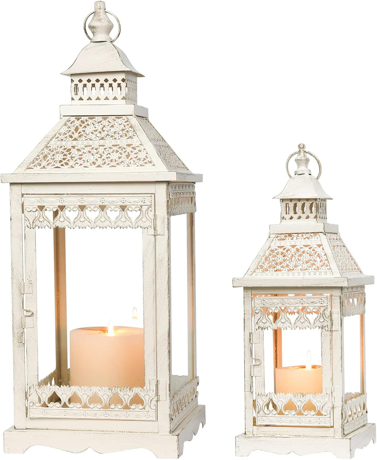 NEEDOMO Lanterns Decorative Outdoor & Indoor, Set of 2 Outdoor Lanterns for Porch,Large Square Candle Lantern, Beige Metal Frame with Glass for Fall, Christmas