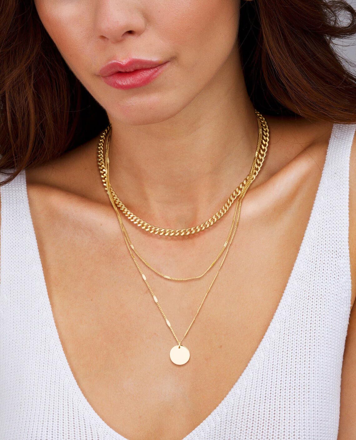 MFRYK Gold Necklaces Stack, 14K Gold Plated Simple Layered Choker Necklaces, Stackable Multilayer Disc Coin Pendant Cuban Link Chain Dot Chain Layering Necklaces Set