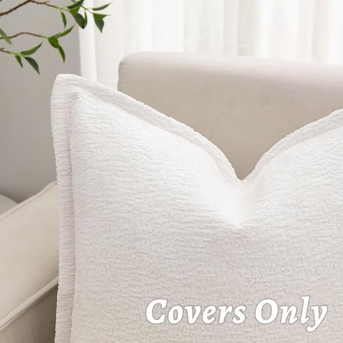 Cream White Decorative Throw Pillow Covers 24x24 Inch Set of 2 Cozy Soild Chenille Cushion Cases Soft Textured Square Couch Pillows Cover Boho Accent Farmhouse Pillowcases for Sofa Bed