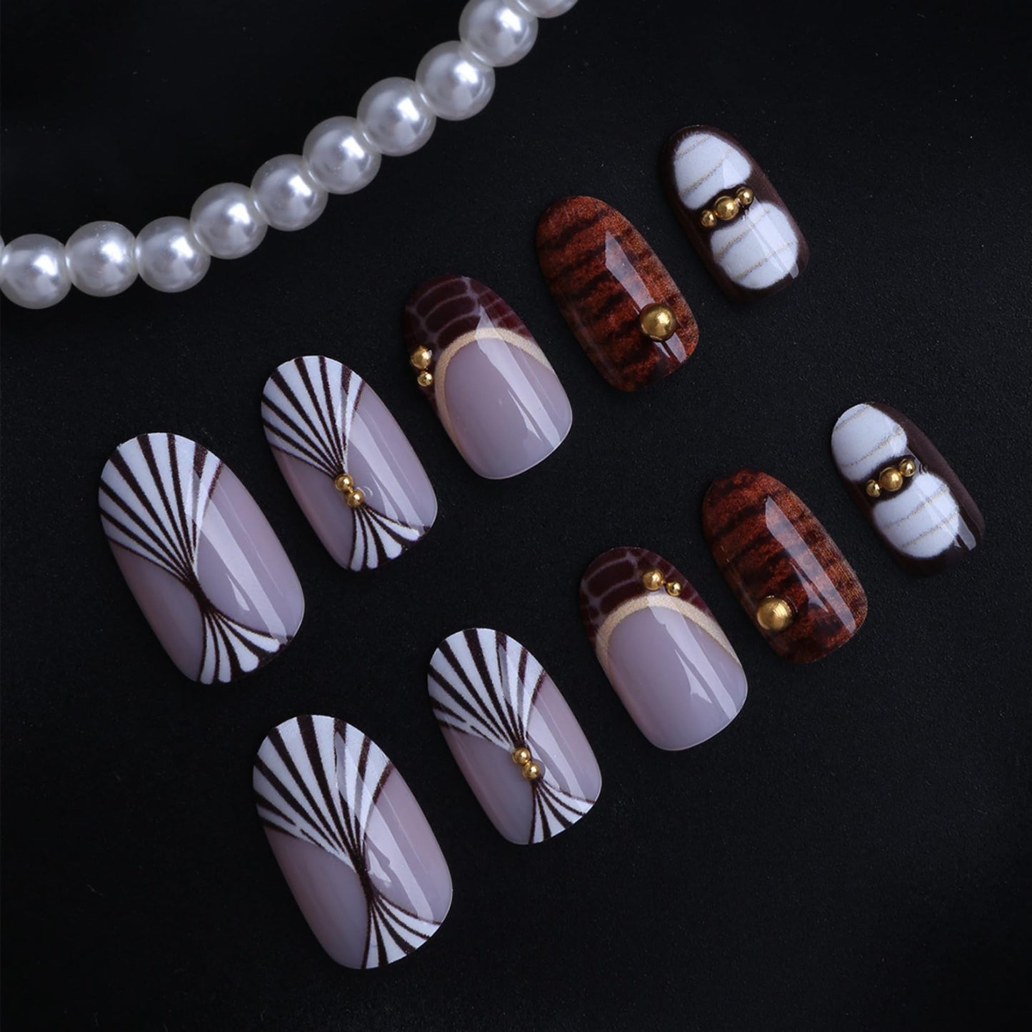 SEENEEY Almond Press on Nails Medium Fake Nails Brown Artificial Nail Black and White Designs Stick on Nail for Women 24pcs