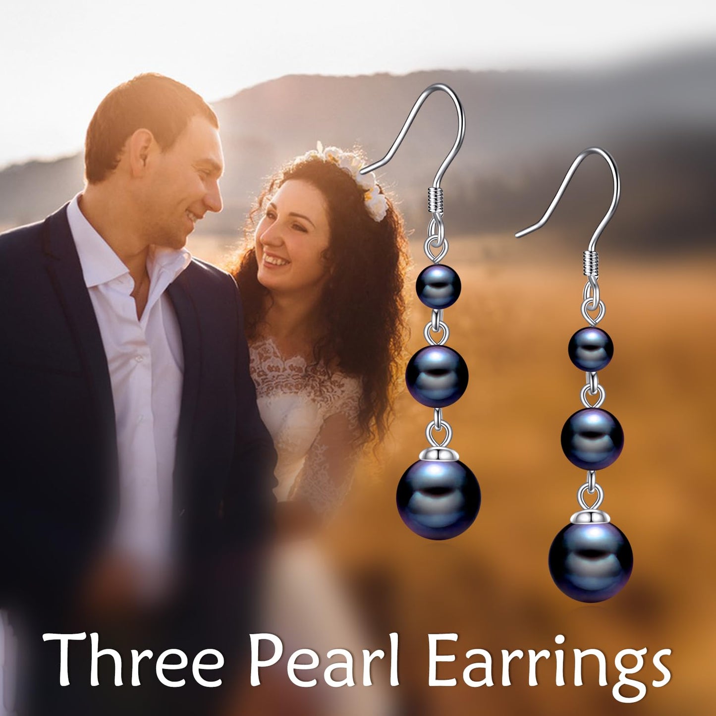 925 Sterling Silver Black Pearl Dangle Earrings Three Pearls Drop Jewelry Birthday Gifts for Women (Black Pearl-Silver)