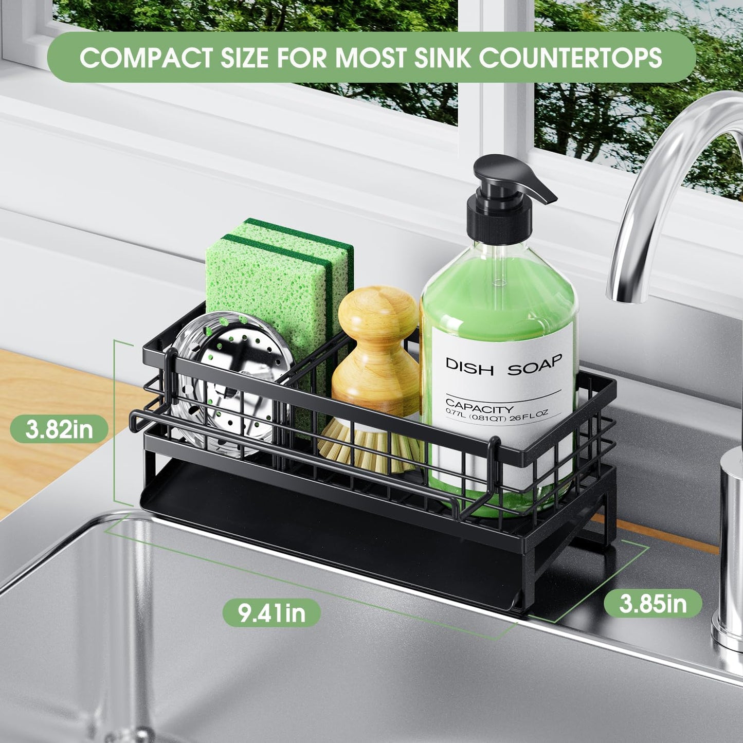 DYFVREN Self-Draining Kitchen Sink Caddy, Rustproof Non-Slip Metal Sponge Holder with Detachable Dish Cloth Holder (Black)