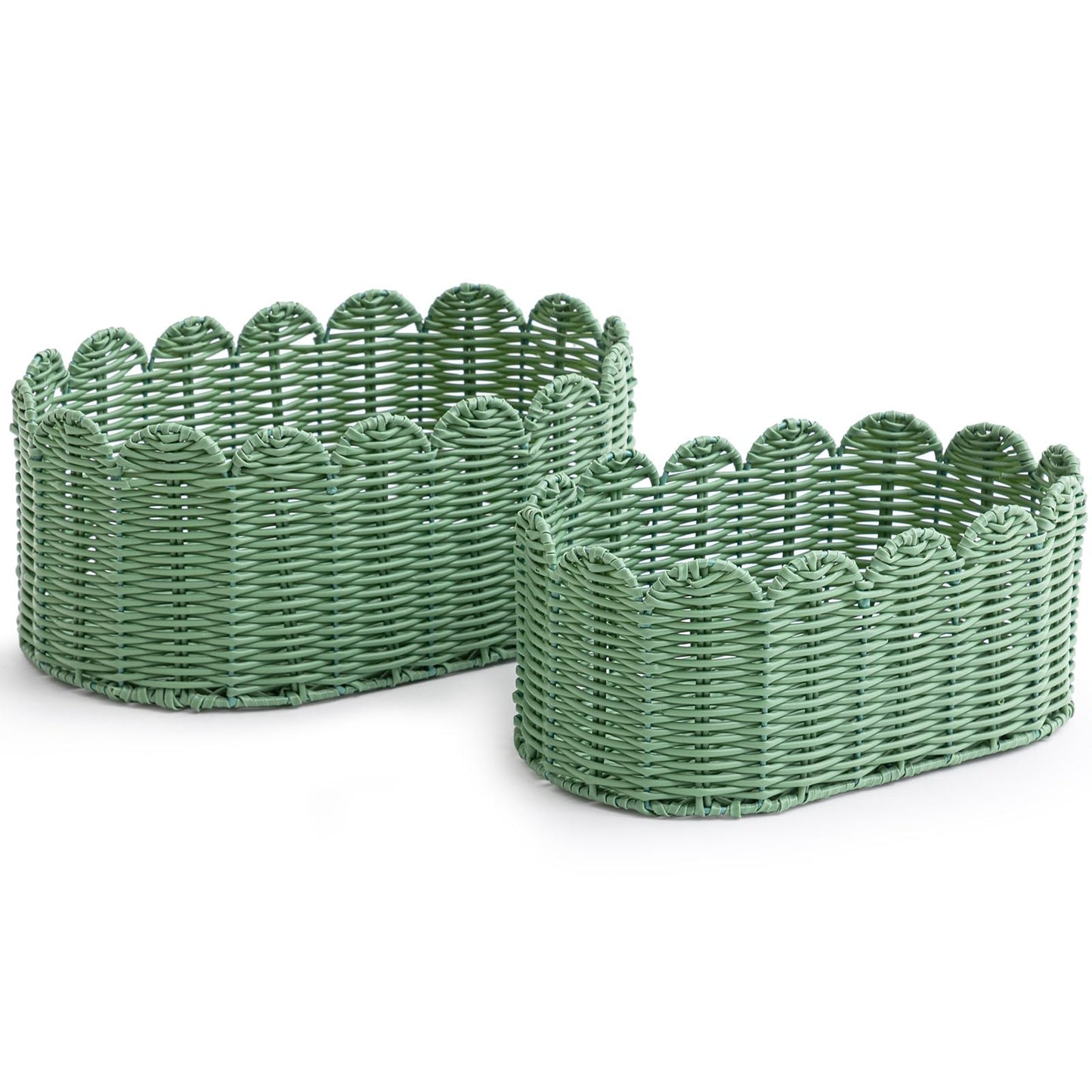 2 Pcs Large Scalloped Storage Baskets, Sage Green Woven Wicker Nursery Organizer Bins for Baby Gifts, Living Room Decor, Bathroom & Toy Storage, 16 x 10 x 7" & 14 x 8 x 6"