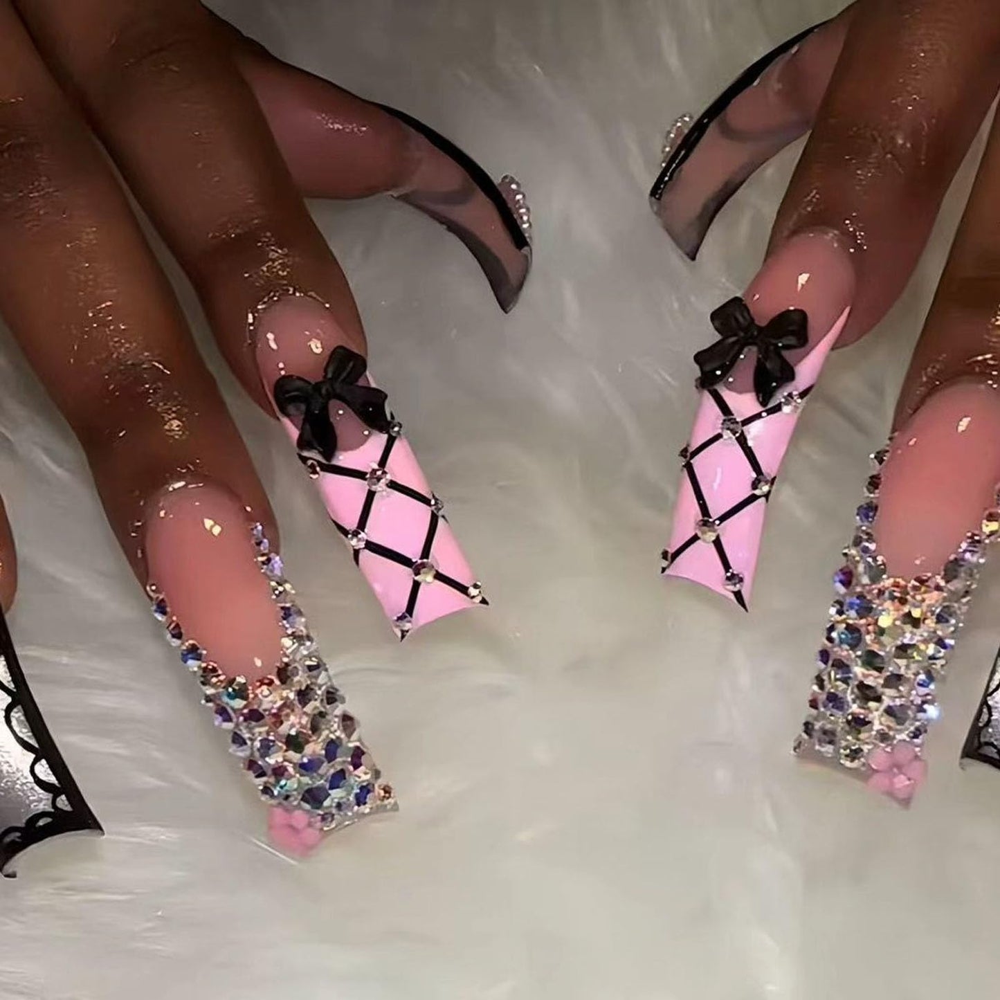 IMSOHOT Curved Press on Nails Long Square Fake Nails Pink Black French Tip False Nails with Bow, Glitter, Rhinestone Designs Cute Acrylic Extra Long Stick on Nails for Women Girls