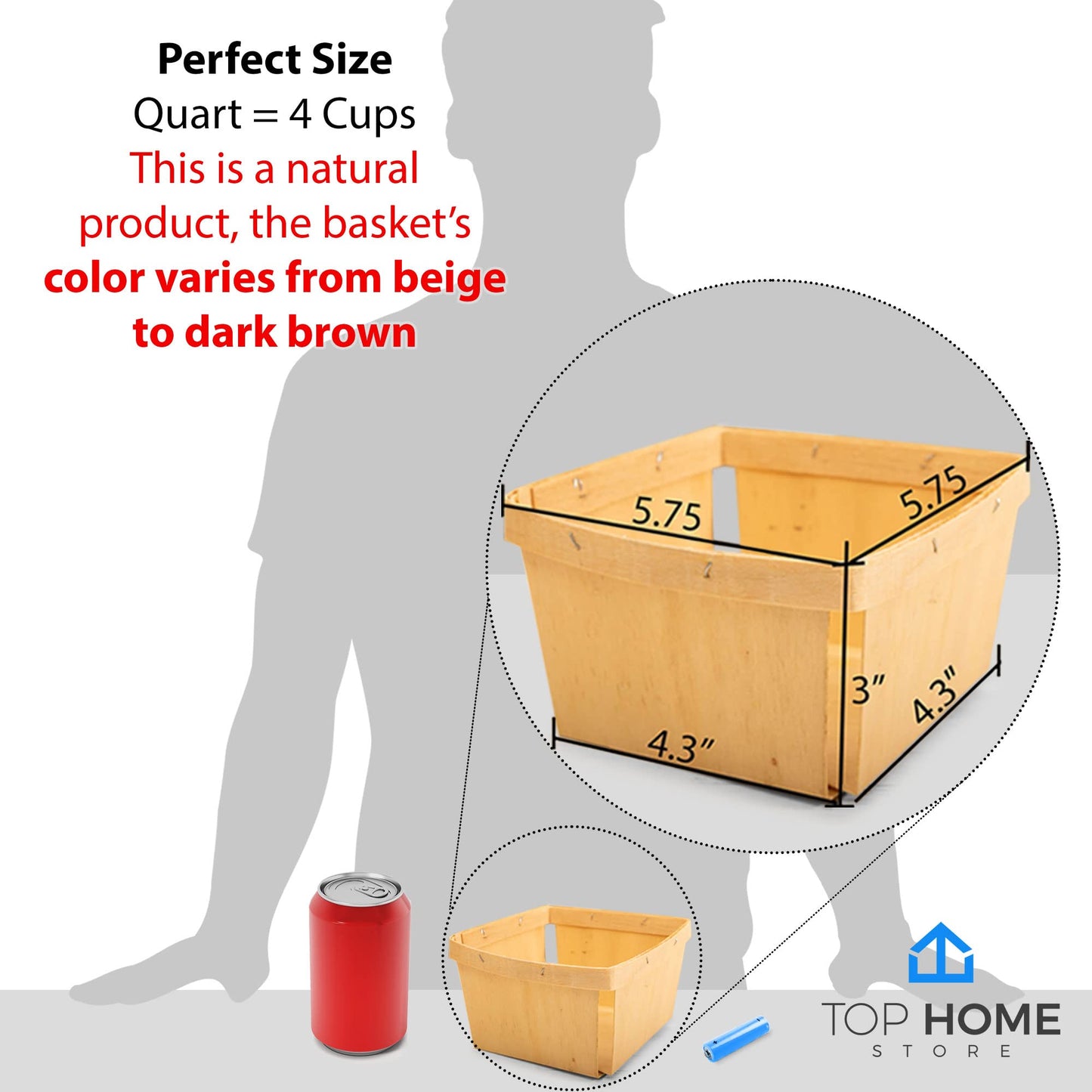 One Quart Wooden Gift Baskets (10 Pack); for Picking Fruit or Arts, Crafts and Decor; 5.75” Square Vented Wood Boxes