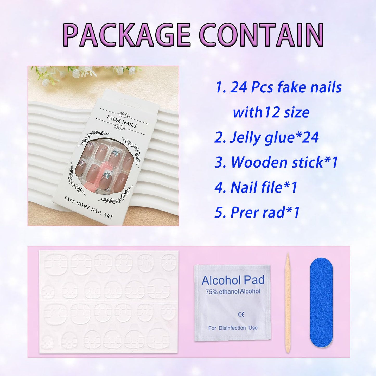 White French Tip Press on Nails Short Medium Square Fake Nails Press ons Glossy Pink Blue Butterfly False Nail Tips Nude Artificial Nails Finger Manicure Decorations for Women Girls 24 Pcs