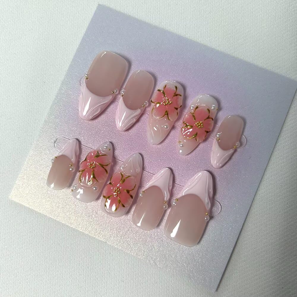 Handmade 10 Pcs Almond Press On Nails，French Pink Gel Fake Nails, Long Lasting Reusable False Nails for Women, Easy Application Salon Manicure Designs (Size S)