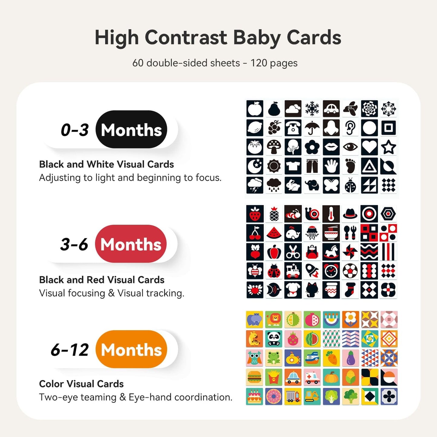 IEATFO Rotating Baby Safe Mirror with 120 Pages Visual Stimulation Cards - Wooden Tummy Time Mirror Toys - Black White Red and Color High Contrast Baby Flashcards for Brain and Cognitive Development