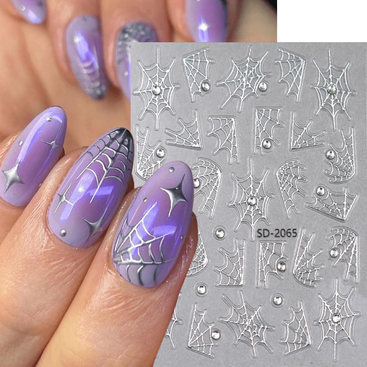 2 Sheets Halloween Nail Stickers for Nail Art 5D Embossed Self-Adhesive Spider Web Nail Art Stickers Black Silver Gold Glitter Spider Web with Diamond Nail Design Halloween Nail Decals for Women Nails