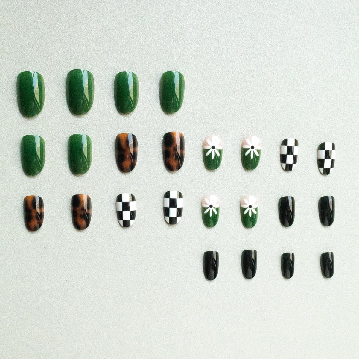 Spring Press on Nails Medium Oval Fake Nails Tortoiseshell False Nails Press ons with Flower, Checkered Design,Cute Reusable Artificial Nail Full Cover Stick on Nails for Women Manicure 24Pcs