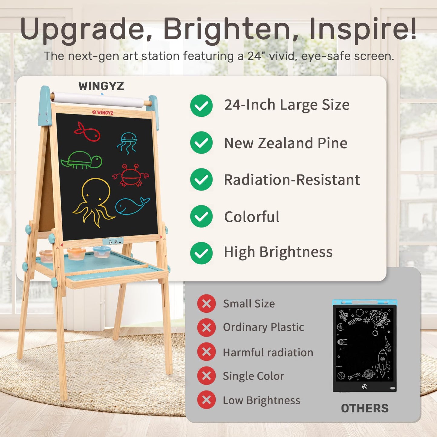 WINGYZ 24" LCD Easel for Kids, 3-in-1 Color Drawing Tablet with Blue Light-Free Screen, Whiteboard & Paper Roll, Adjustable Wooden Art Station for Ages 3-12, Mess-Free Creative Gift for Home & School