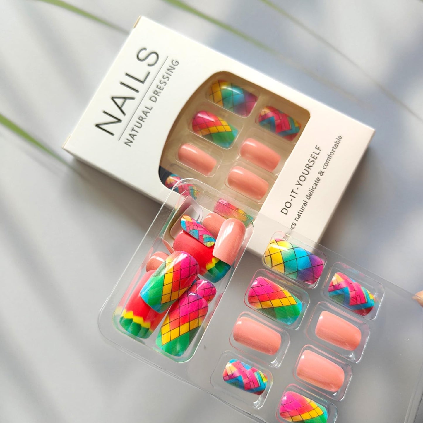 Square Press on Nails Colorful Rhombus Plaid Design Fake Nails Medium False Nails Glossy Acrylic Nails Cute Press on Nails Reusable Stick on Nails for Women Spring Summer Nails 24Pcs