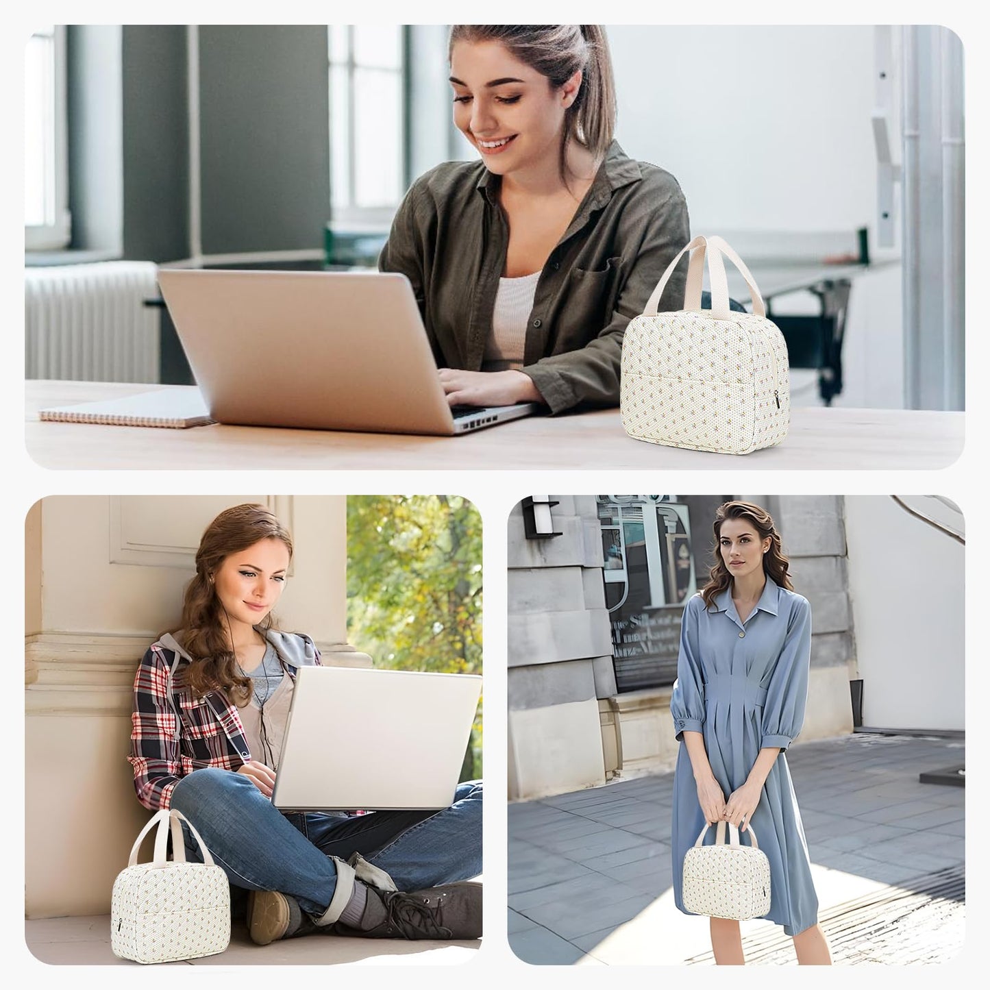BBIQI Floral Quilted Lunch Bag for Women Cute Lunch Tote Insulated Leakproof Lunch Box Reusable Cooler for Work, Picnic