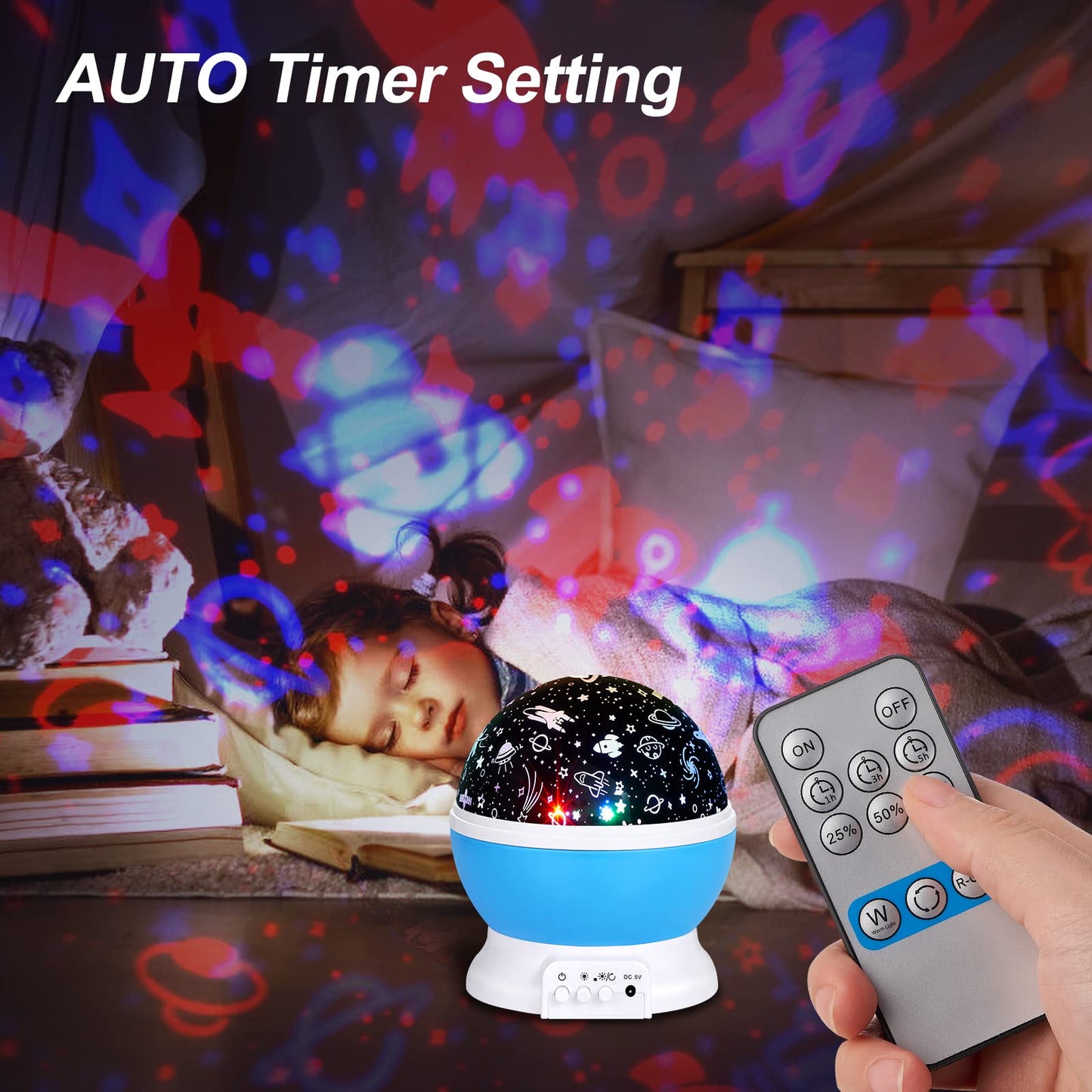 Christmas Baby Night Lights with Remote Control,Moon Projector 360 Degree Rotation - 4 LED Bulbs 8 Color Changing Light, Romantic Night Lighting Blue