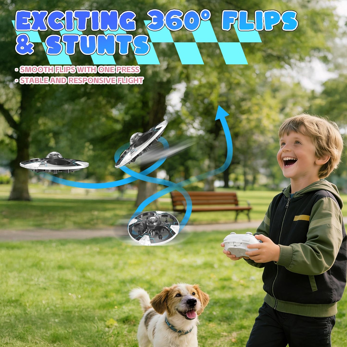 Mini UFO Drone for Kids – Safe RC Toy with 7 LED lighting modes, 360° Flips, Light Projection onto Ceilings, Auto Hover, Hand Gesture, 2 Batteries(14 Min Flight), Ideal Fun Gift for Kids