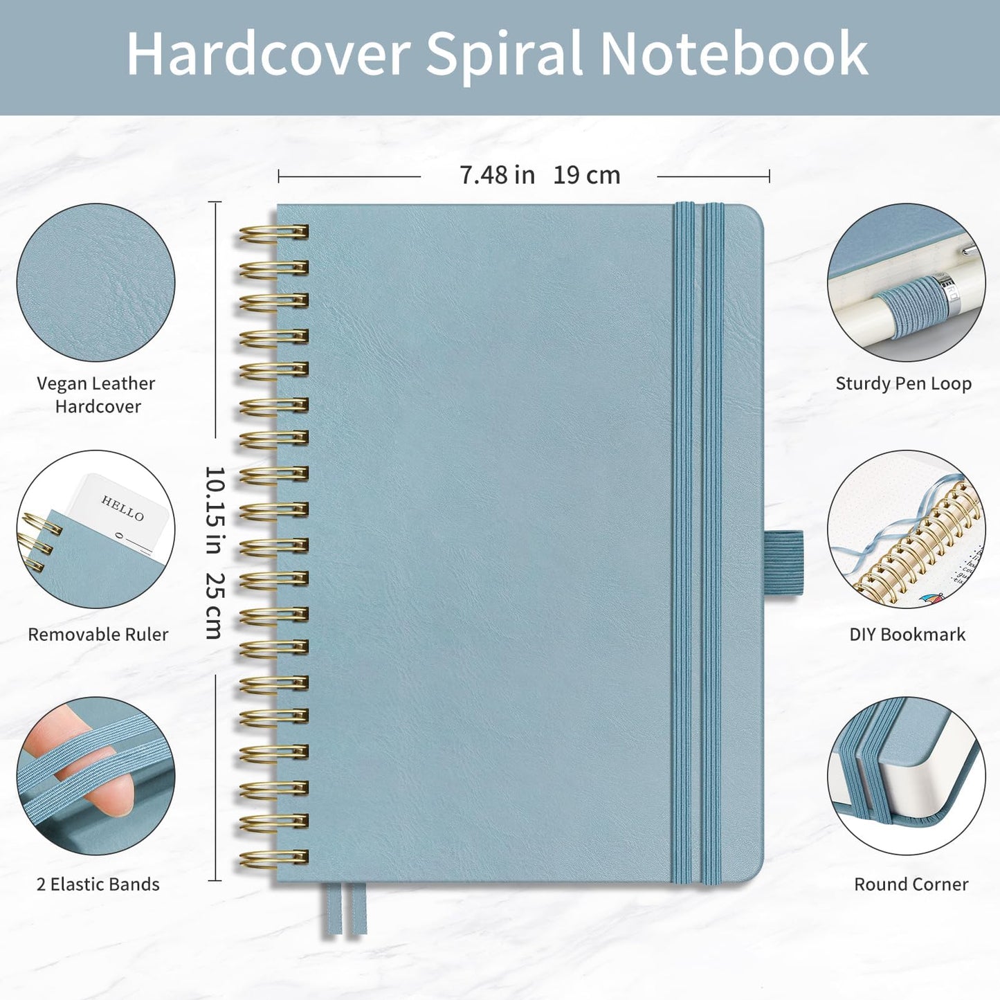 EMSHOI Dotted Journal Spiral Notebook - 300 Pages, B5 Hardcover Leather, 100 GSM Thick Dot Grid Notebook for Women Men Work Writing, Journaling, Drawing, 7.48" x 10.15", Gray Blue