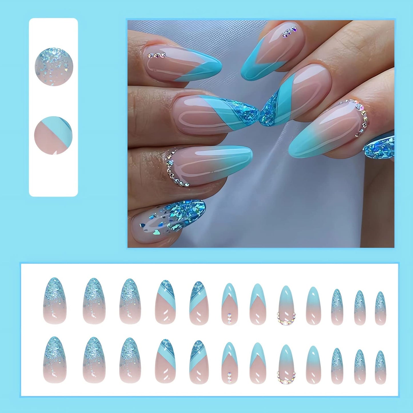 IMSOHOT Almond Press on Nails French Medium Blue Fake Nails Glitter Gradient False Nails with Designs Rhinestone Full Cover Acrylic Glossy Glue on Nails for Women