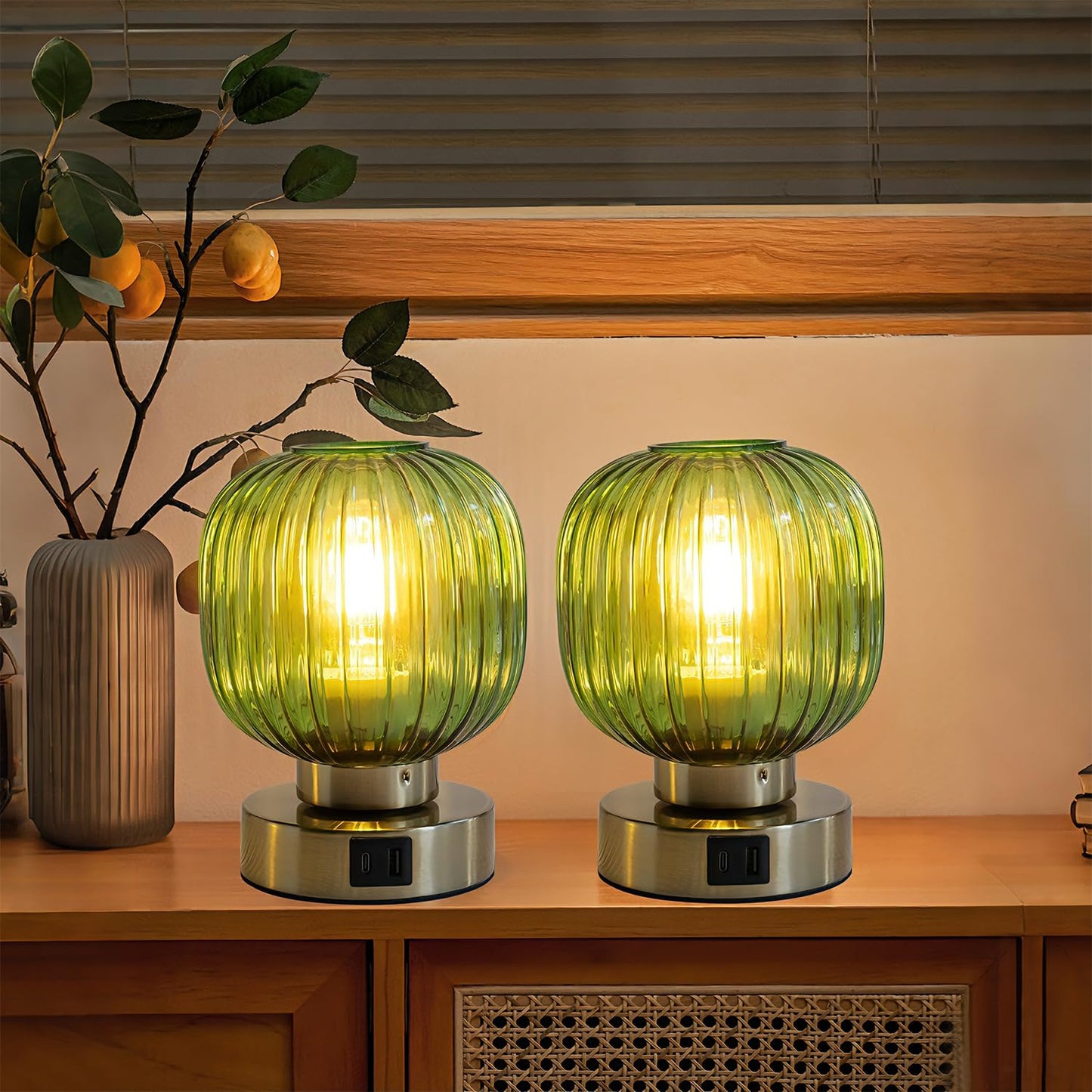 Elenhome Touch Control Small Table Lamp Set of 2, Elegant Green Glass Bedside Lamp 3 Way Dimmable with USB C+A Charging Ports - Bedroom Nightstand & Living Room Essential, 4W Bulb Included