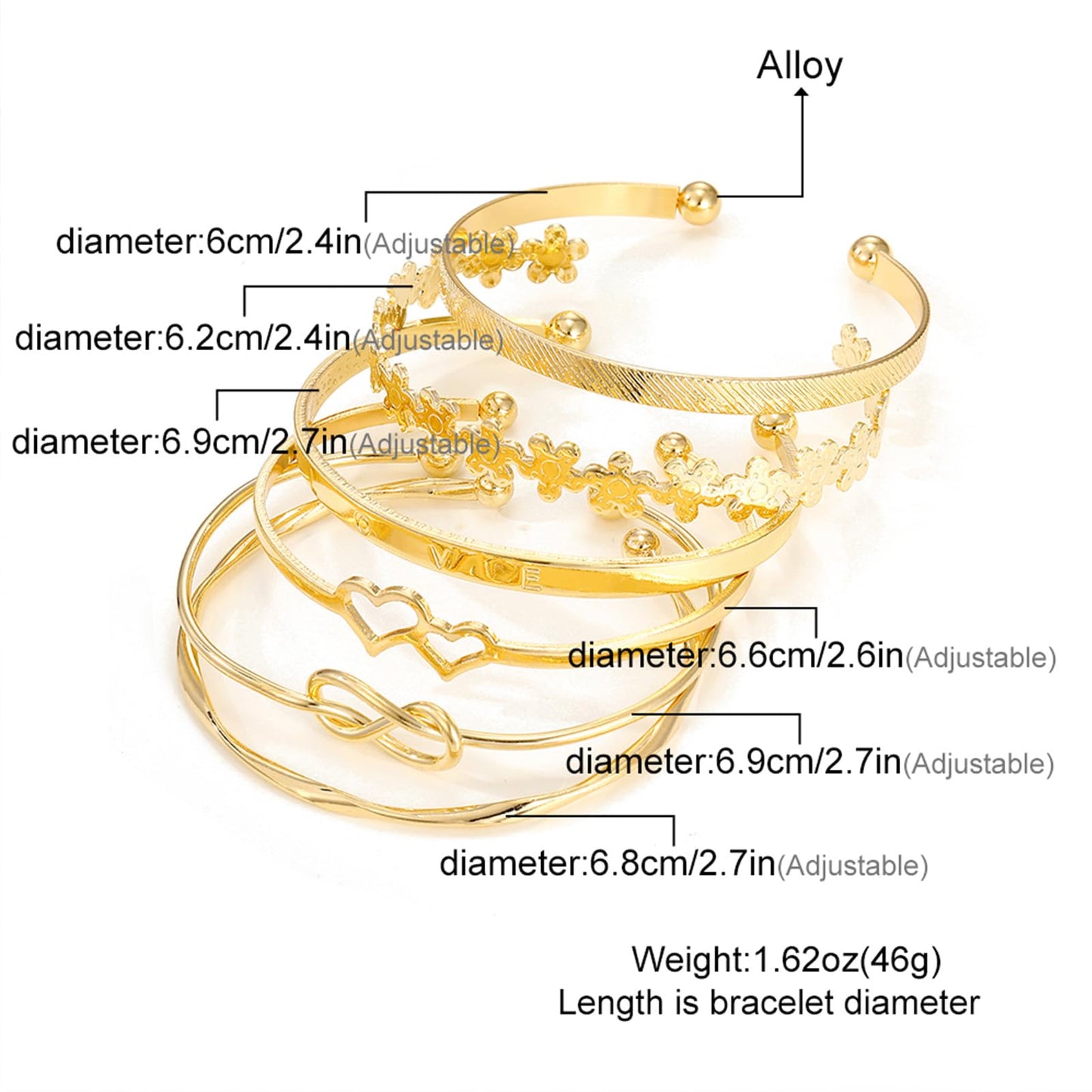 IFKM Gold Bangle Bracelets For Women, 14k Gold Plated Multi Layer Stackable Cuff Bracelet Set, Trendy Elegance Charms Non Tarnish Minimalist Textured Boho Jewelry Gift for Women (6pcs LOVE Flower)