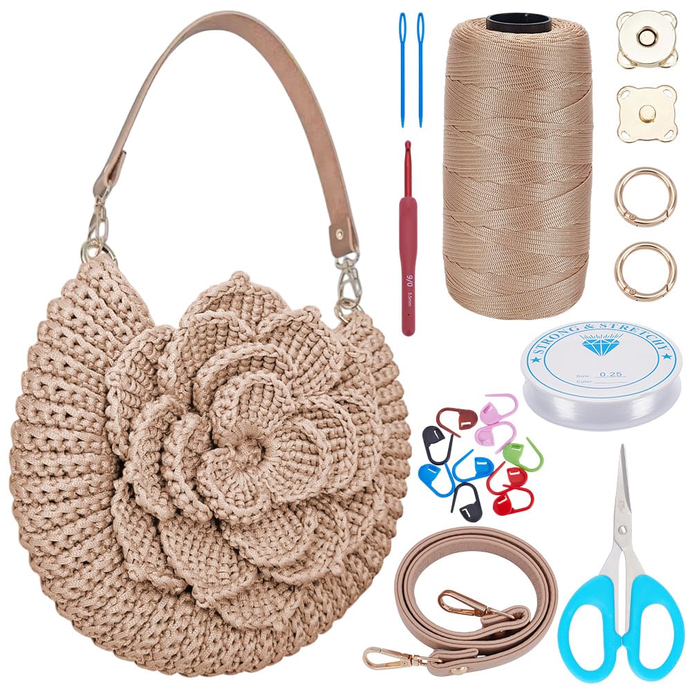 FREEBLOSS DIY Crochet Bag Making Kit Crochet Starter Kit with Video Tutorial PU Leather Handle Handmade Shoulder Bag Set for Beginners Birthday Gift Beige