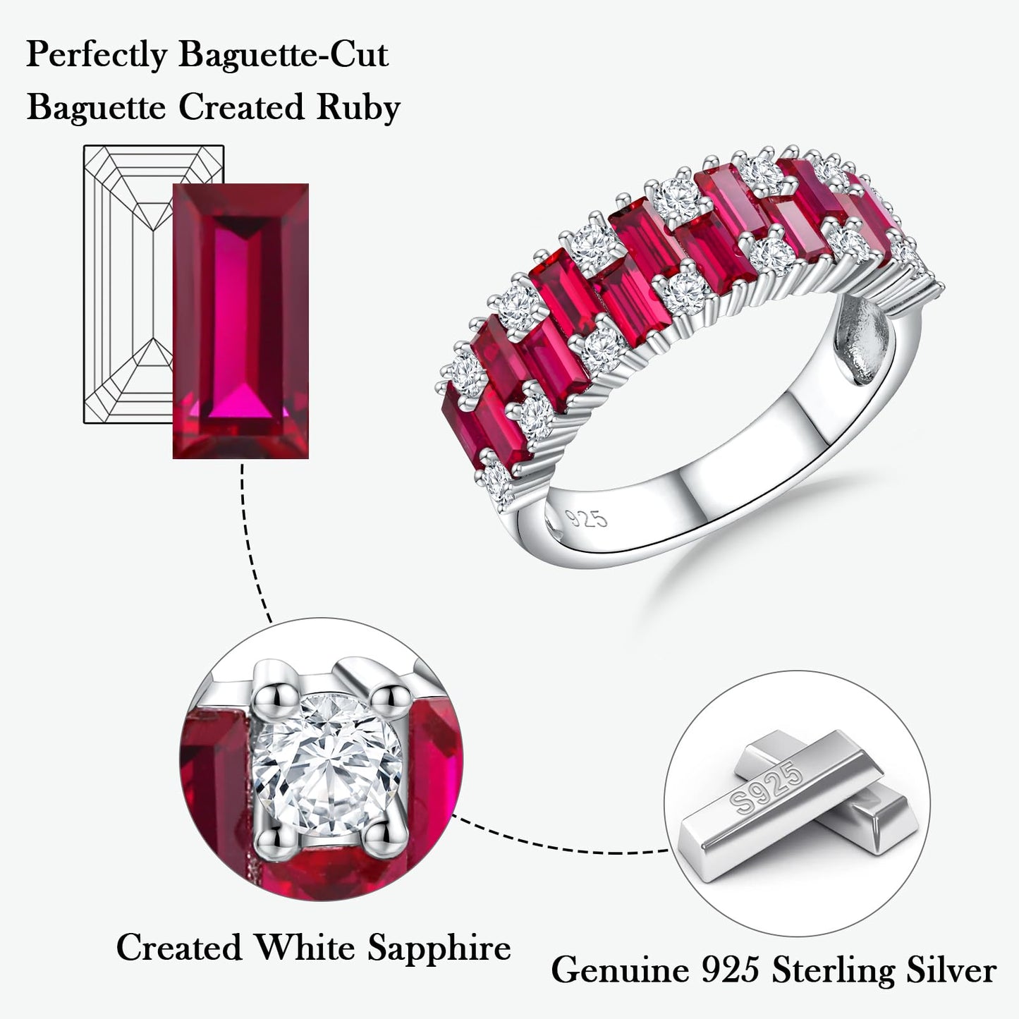 RANDES Ruby Wedding Bands for Her 925 Sterling Silver Emerald Cut Created Red Stone Eternity Band Rings for Women Size 8