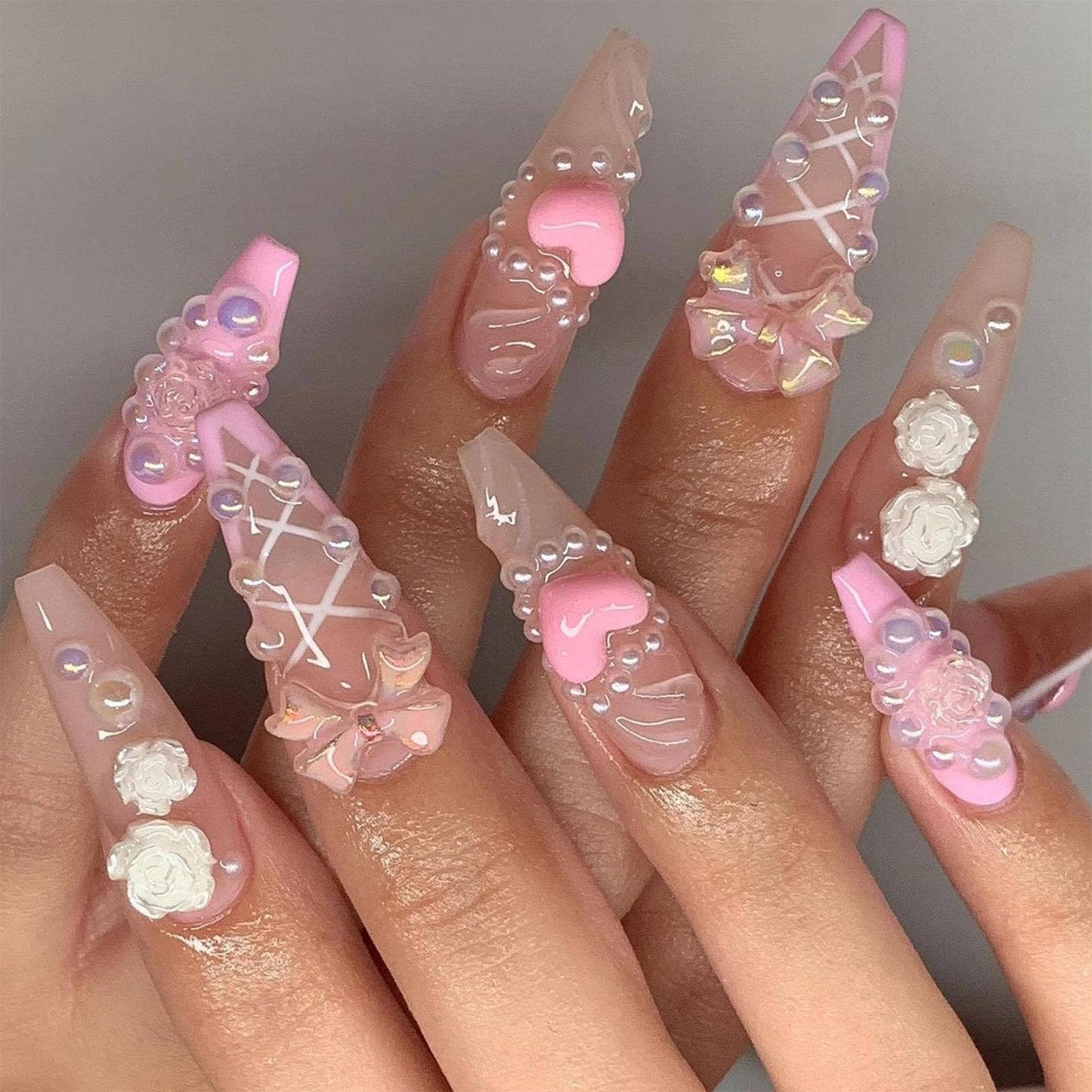 IMRAIN Valentine's Day Press on Nails Long Coffin Fake Nails Pink French Tips Glossy Glue on Nails Full Cover Cute Heart & Bow Designs Artificial Stick on False Nails