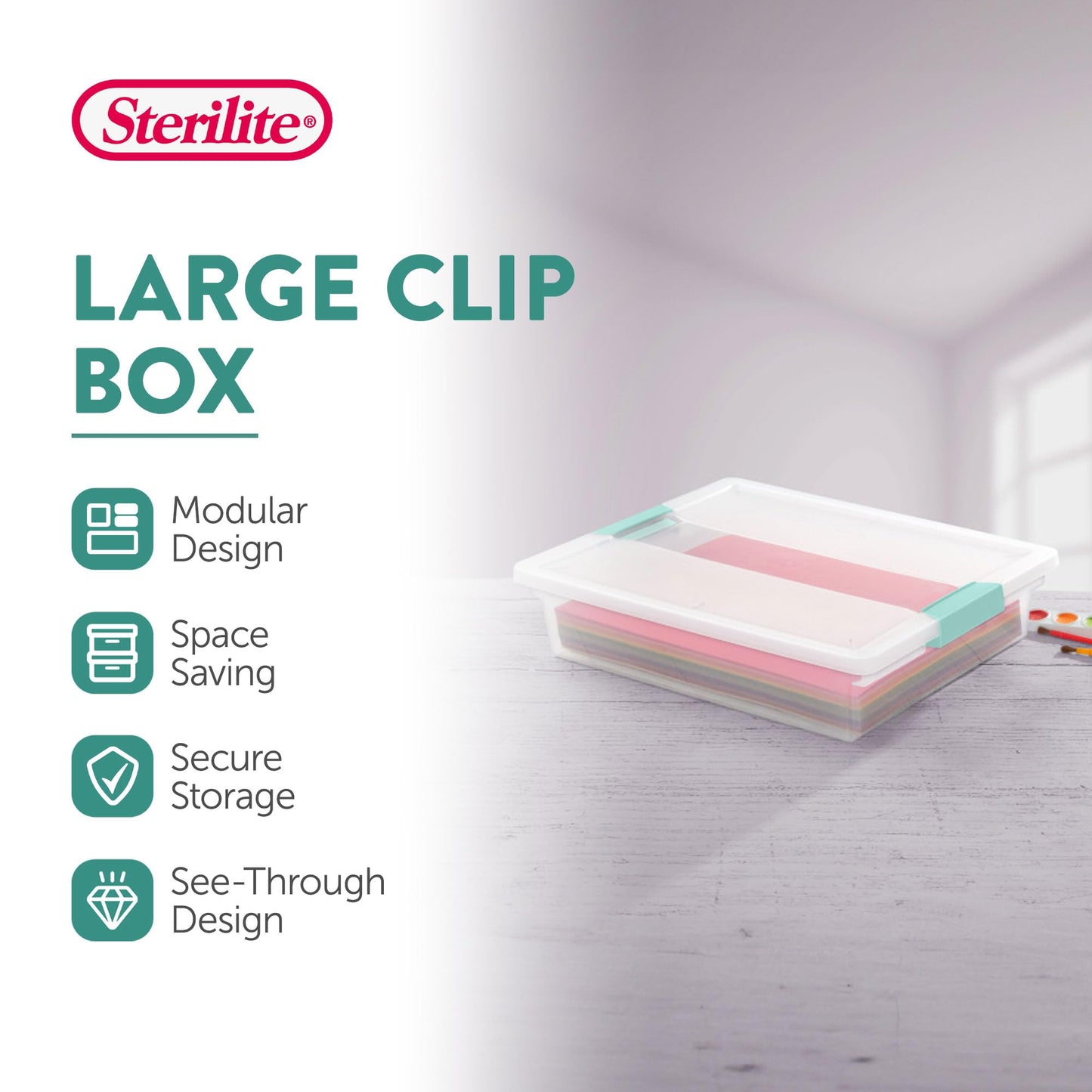 Sterilite 6-Pack Clip Box, Stackable Clear Plastic Bins with Latching Lids, Large - Writing, Arts or Crafts Supplies Storage Containers for Home, Office, Classroom and Workshop Organization