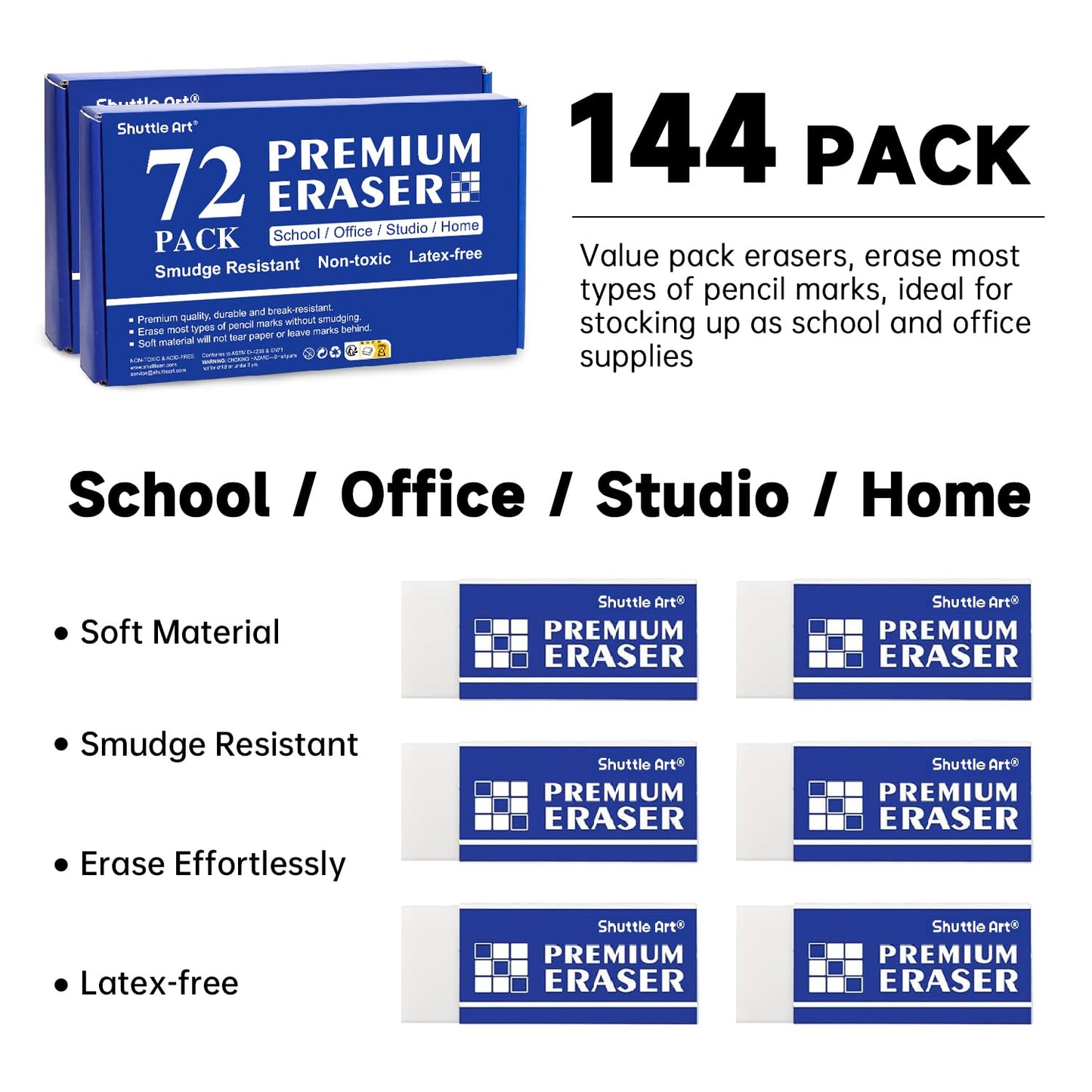 Erasers, Shuttle Art 144 Pack Premium Eraser Bulk, White Erasers Classroom Set for Kids Teachers as School and Office Supplies