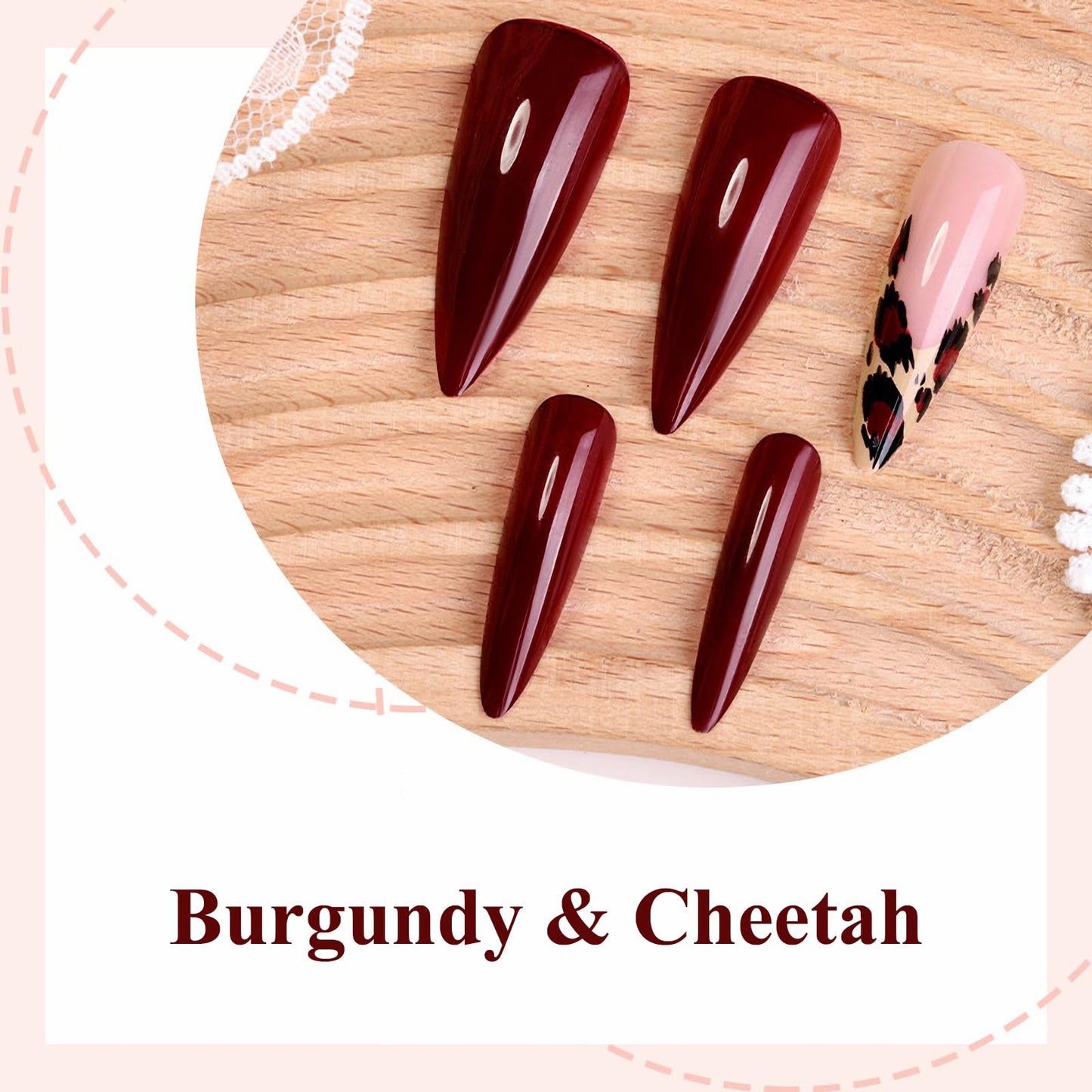 MISUD Press on Nails - Long Stiletto Fake Nails with Burgundy, Acrylic Cheetah Leopard Design 24 pcs