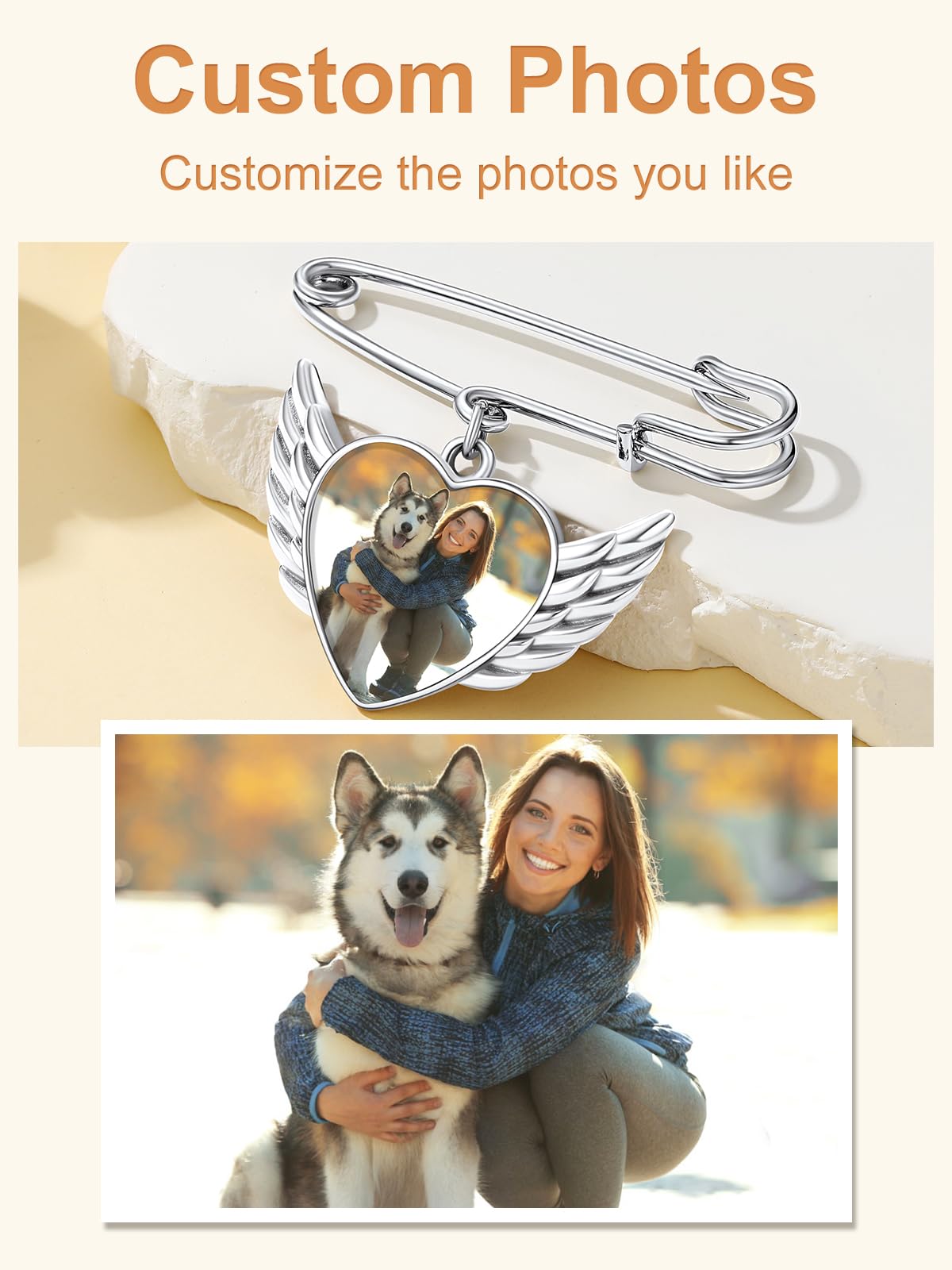 Custom4U Picture Customized Brooch with Angel Wing for Wedding Birthday Silver Pin for Bride Groom Father Mother(With Gift Box)