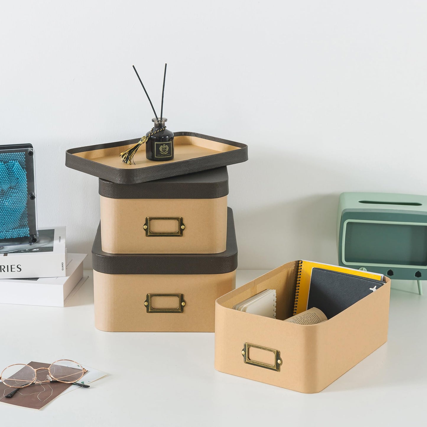 Soul & Lane Kraft Decorative Boxes with Buffalo Leather Lids - Set of 3, Cardboard Memory Boxes for Keepsakes with Bronze Label Holders, Perfect for Home and Office Decor and Organizing