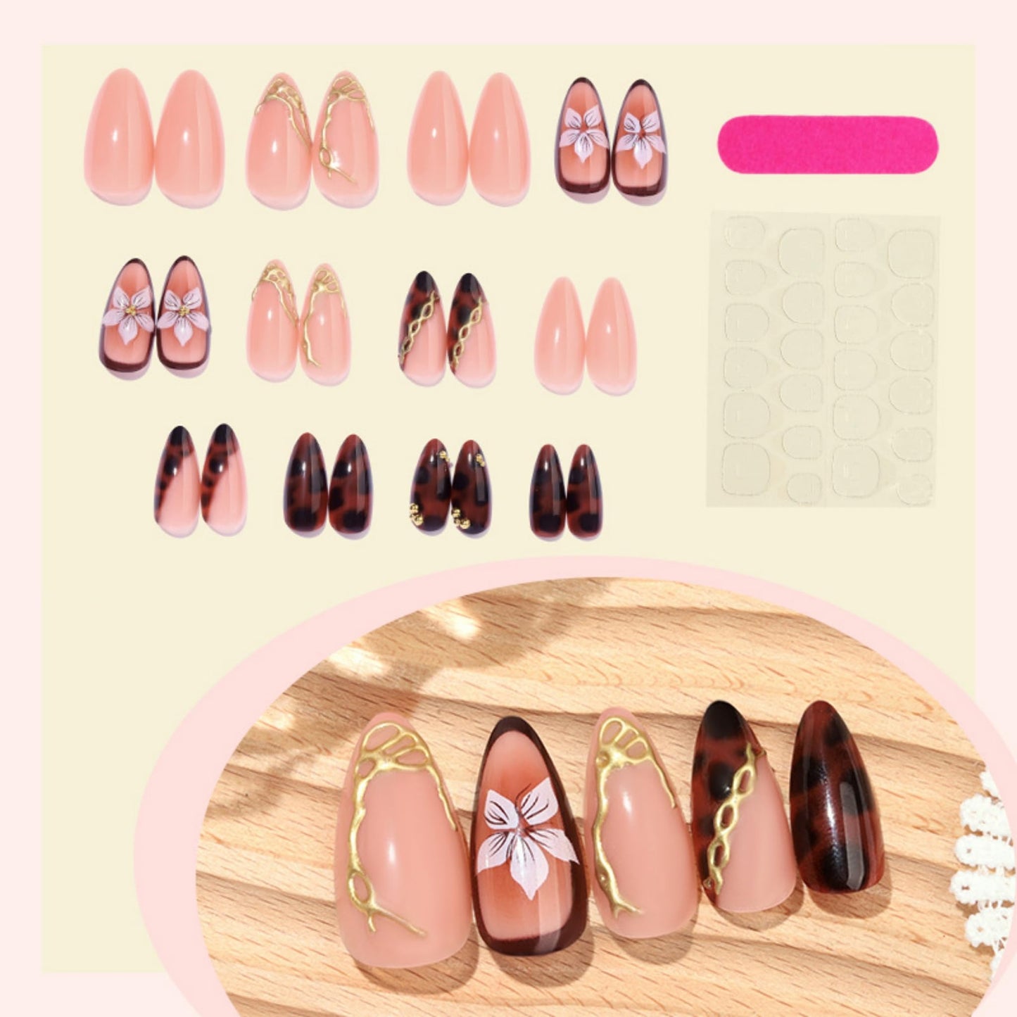 SEENEEY Almond Press on Nails Medium Fake Nails Brown Artificial Nail Floral and Gold Charm Designs Stick on Nail for Women 24pcs