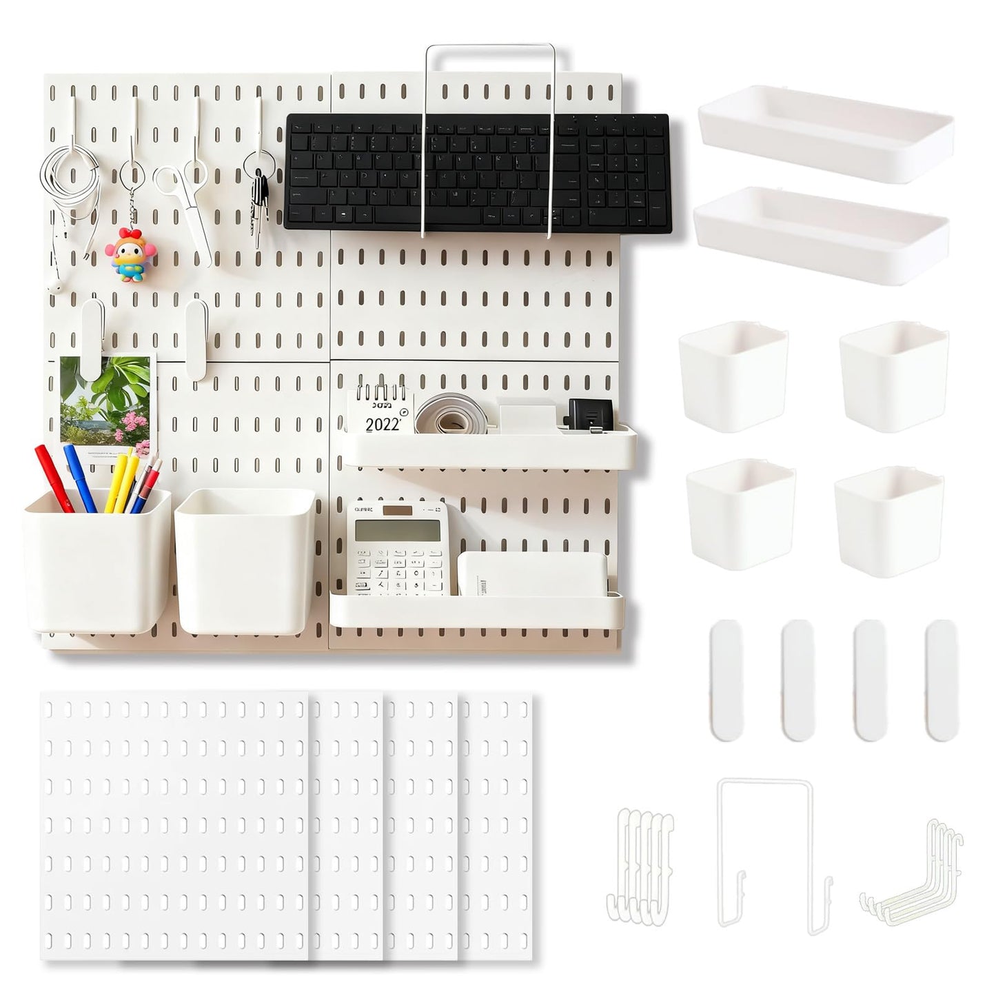 Pegboard Wall Mounted Organizer Storage Set, Includes 4 White Pegboards and 20 Hanging Accessories, 23" x 23" Plastic PegBoard Panels Combination Kit for Home, Office, Garage Tool Storage & Craft Room