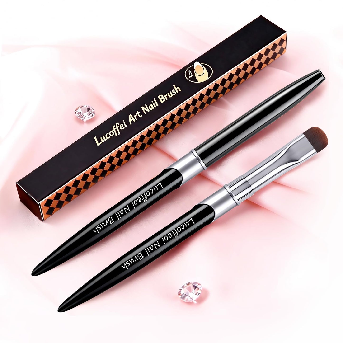French Brush for Nails & Gel Polish Clean Up, Dual-Use Metal Handle Nail Art Brush with Cap for French Tips, Acrylic, Polygel | Professional Manicure Tool (Black)
