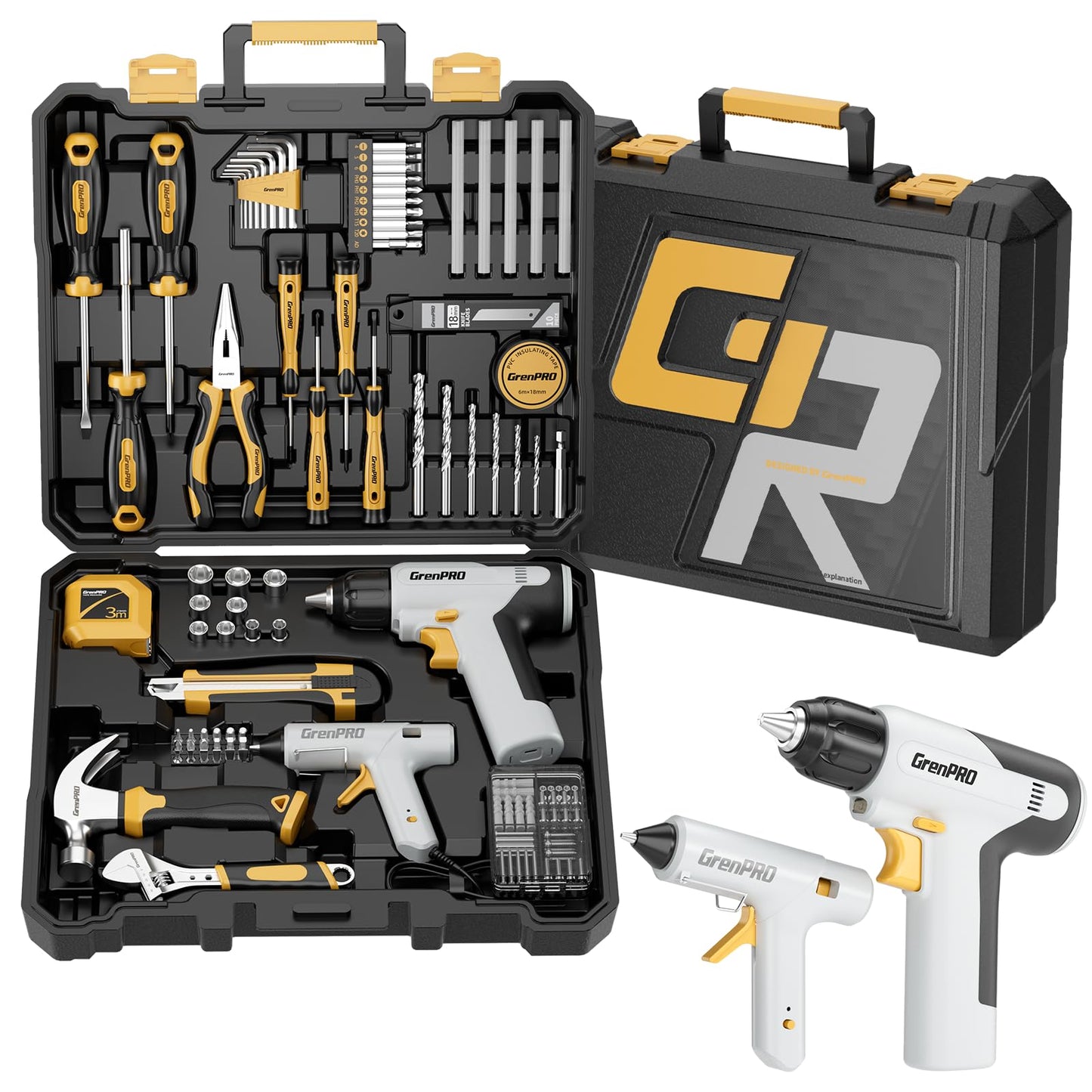 GRENPRO Tool Set Drill Set, 188PCS Tool Kit for Home with Cordless Drill Power, Hand Tool Kit for Women, Basic Household Auto Car Repair Tool Box for Men, Portable Plastic Storage Box Tools Sets