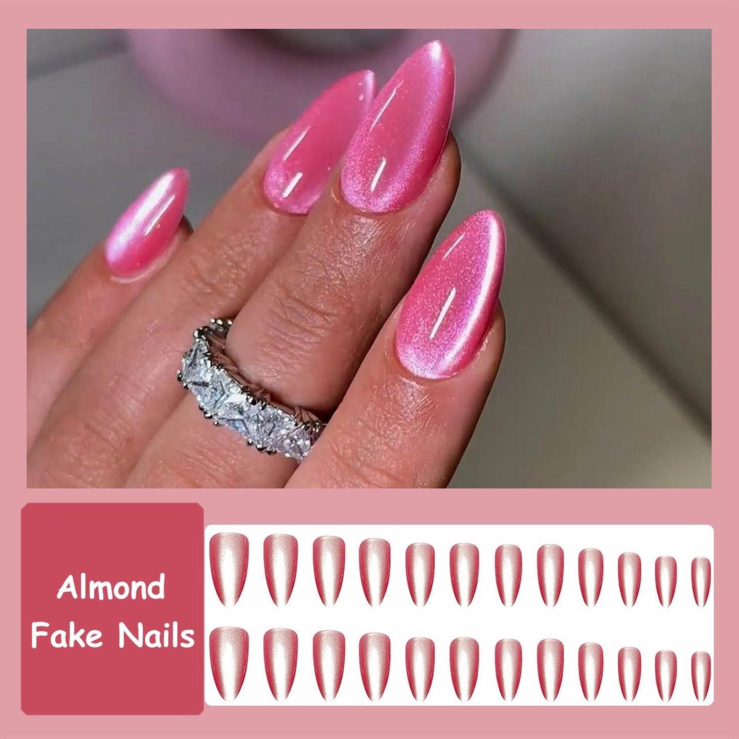 MISUD Press on Nails - Medium Almond Fake Nails, Acrylic Pink Cat Eye Design 24 pcs