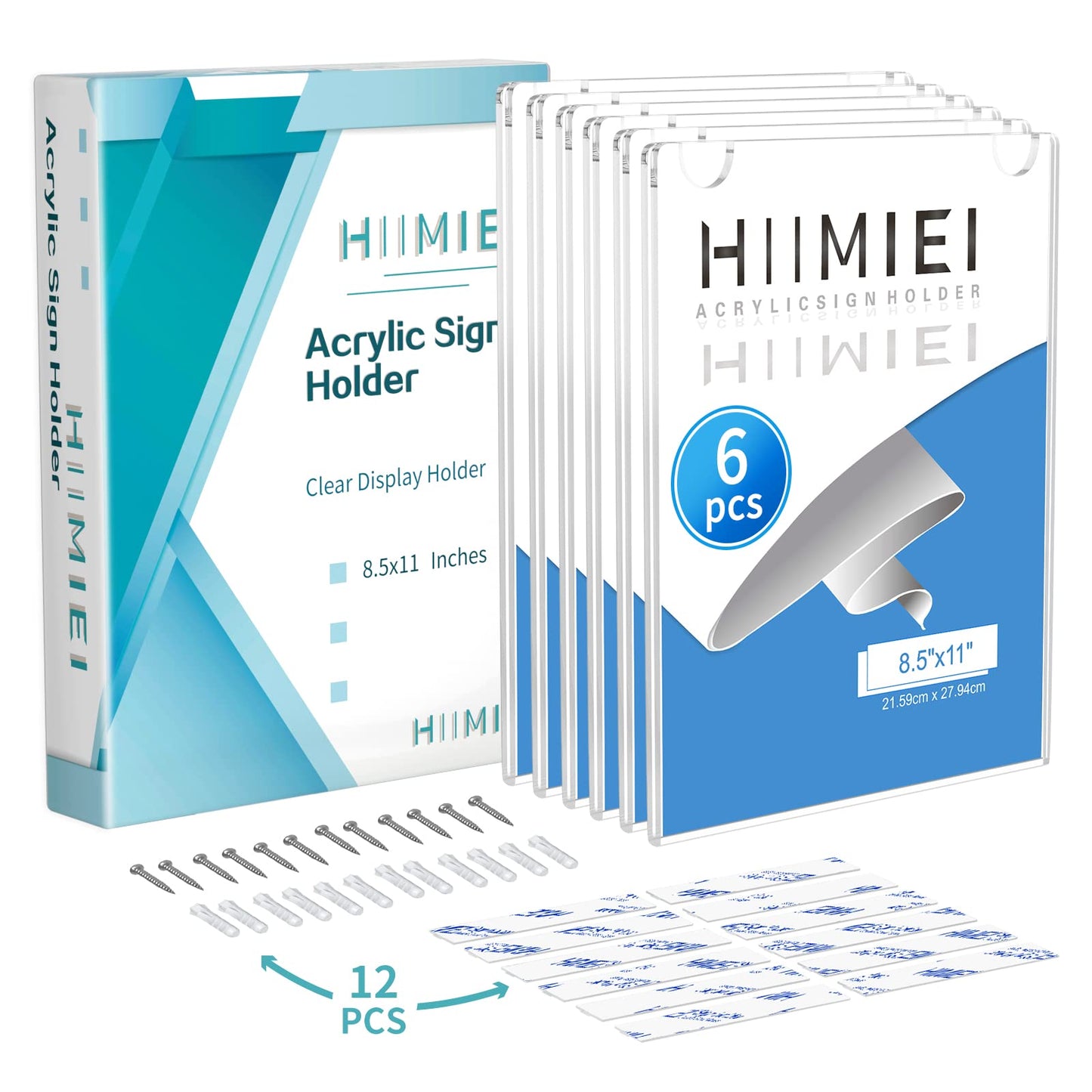 HIIMIEI Wall Mount Acrylic Sign Holder 8.5'' x 11'', Clear Plexi Door Sign Holder Document Holder Plastic Picture Frames with All Mounting Accessories(6 Pack)