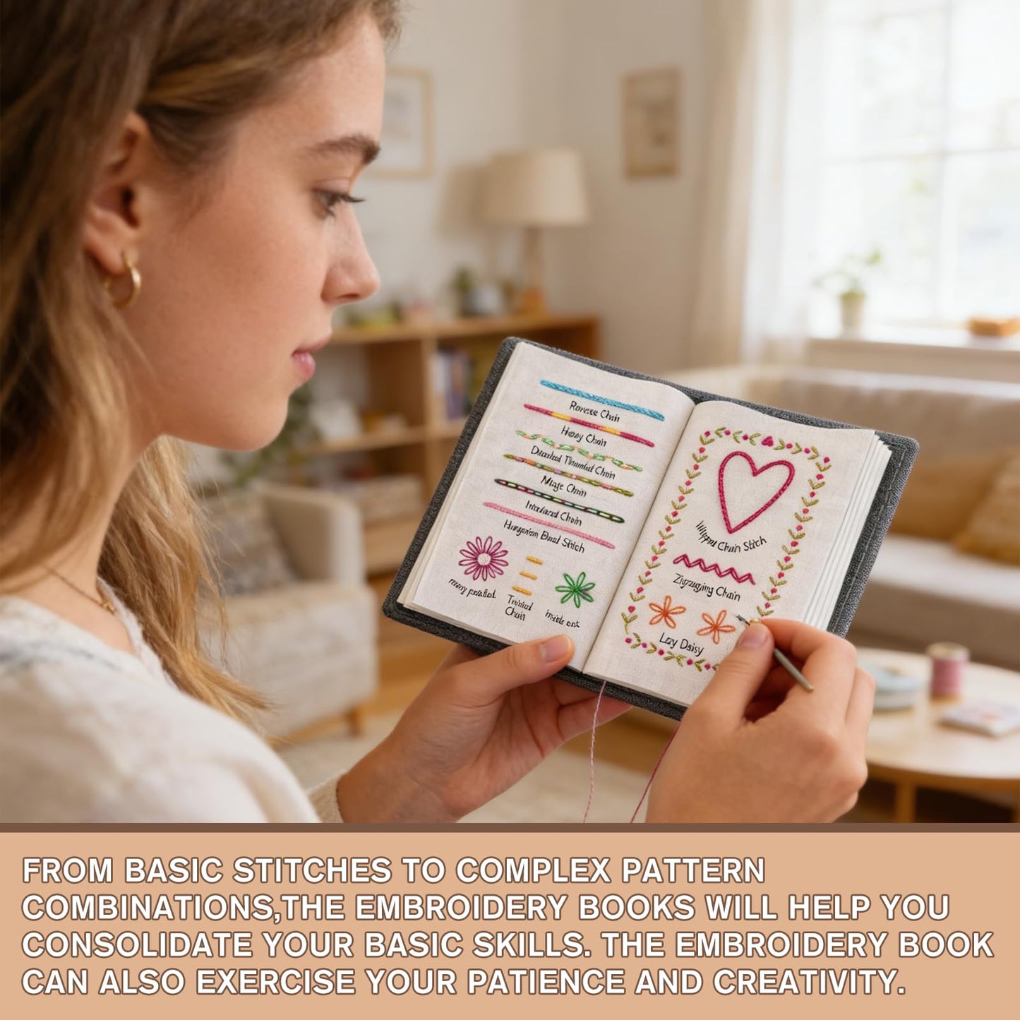 Pacify Embroidery Stitch Book Kit for Beginners, Portable Embroidery Stitch Book with Step-by-Step Guide, Sampler Patterns & Complete Tool Set for Adults Craft Lovers