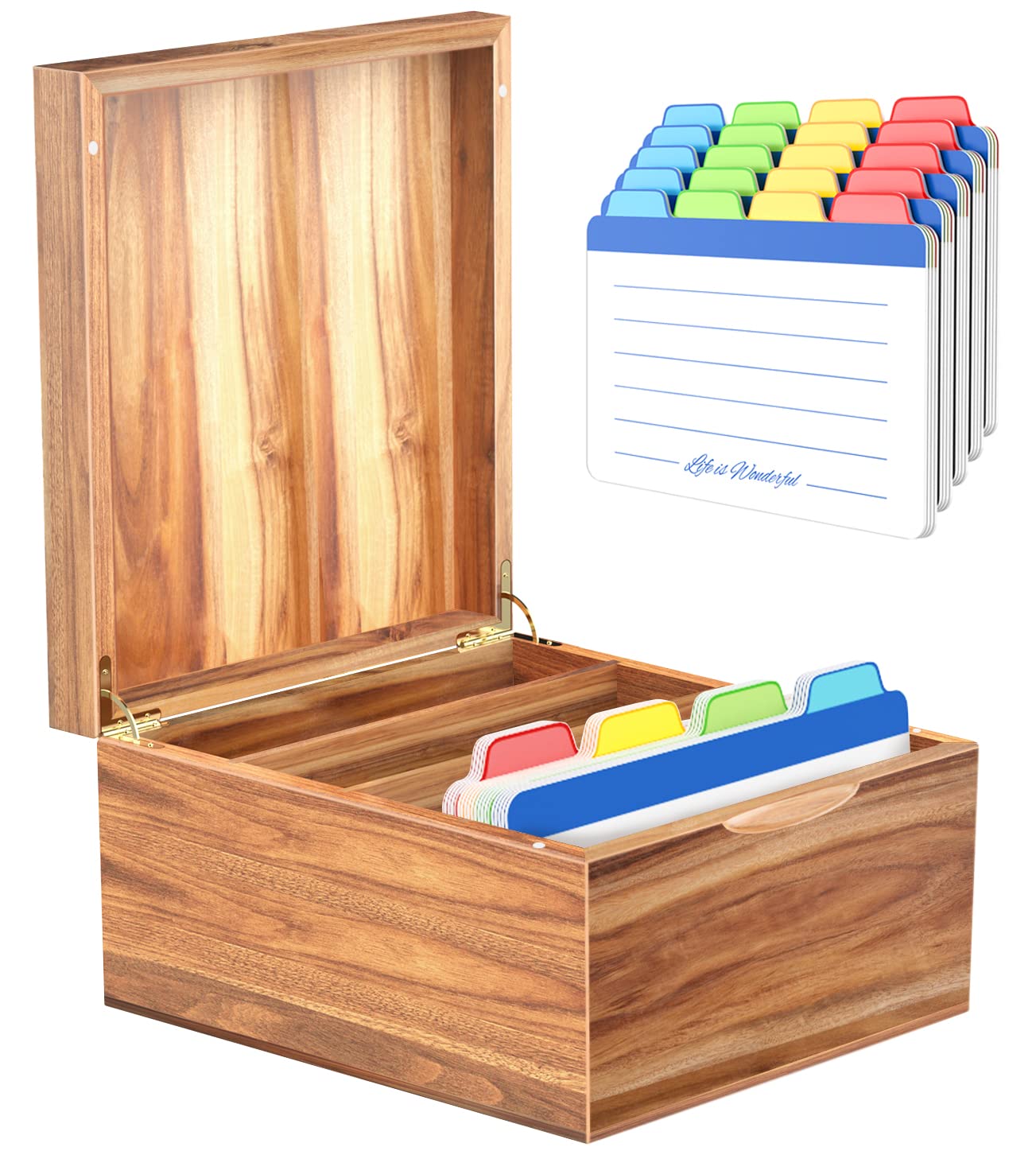 Neando 5x8 Index Card Organizer with Lid – Extra Large Acacia Wood Storage Box with 4 Compartments, 20 Blank Tabs, Holds 600 Cards – File Box for Recipes, Projects, School Notes & Office Organization
