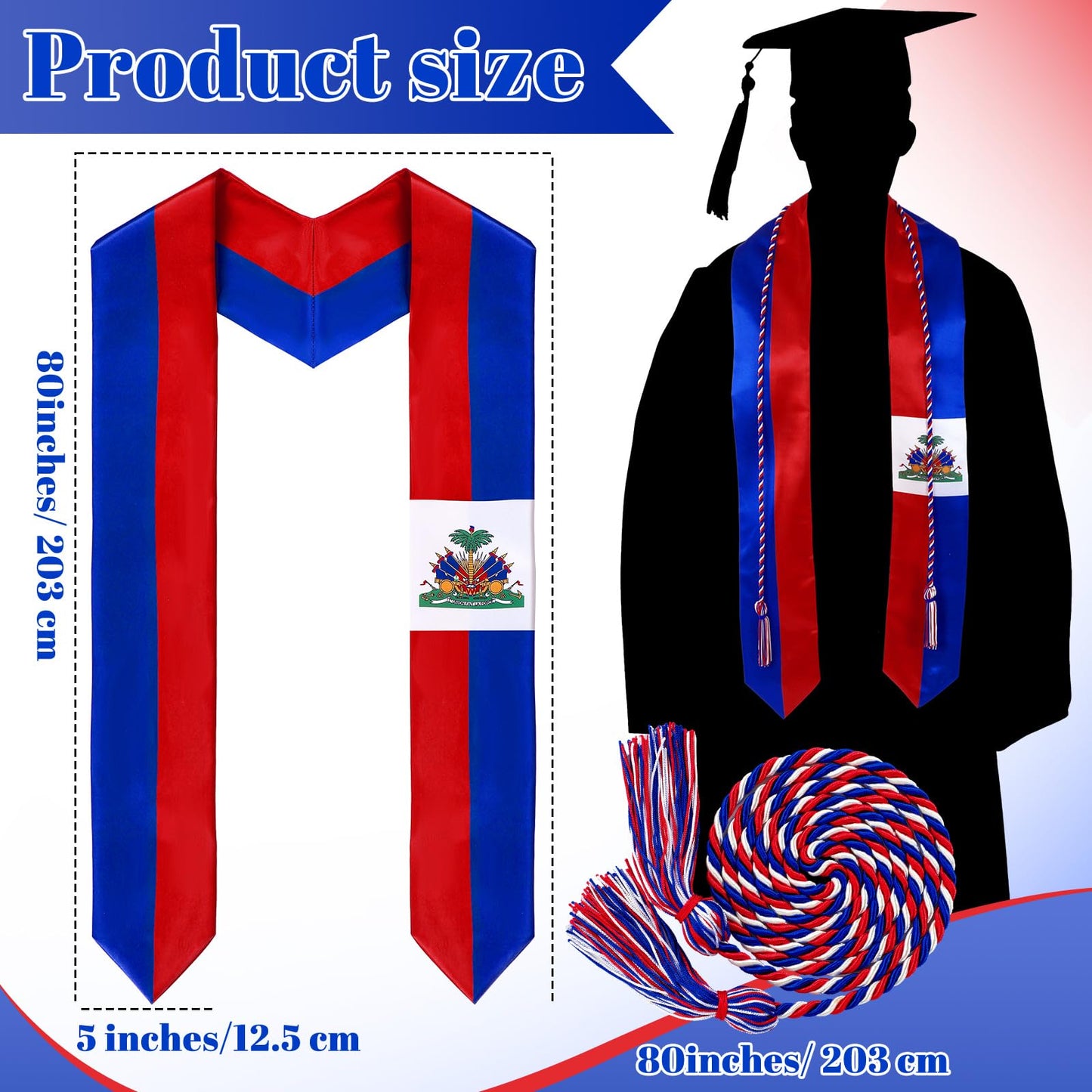 JaGely Country Flag Graduation Stole Sash Honor Cords Class of 2026 First Generation Grad Stole for International Students(Haiti Flag)