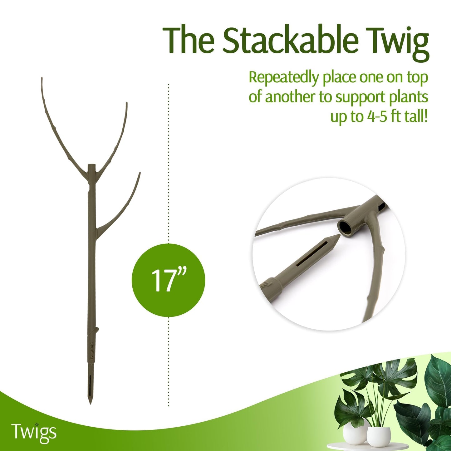 Twigs GA - Stackable Plant Support Stakes, Indoor & Outdoor Houseplant Stem Support, Garden Accessories, Durable Trellis Alternative for Climbing & Potted Plants - Moonstone, 3 Pack, 17" L