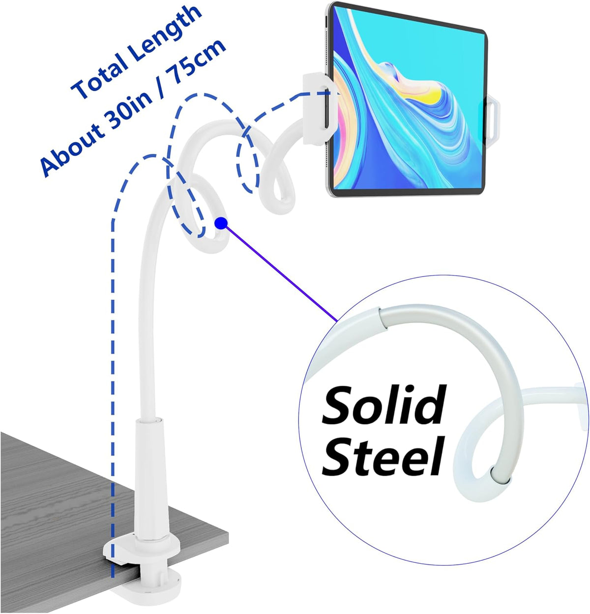 Tablet Stand Holder, Mount Holder Clip with Grip Flexible Long Arm Gooseneck Compatible with ipad iPhone/Nintendo Switch/Samsung Galaxy Tabs/Amazon Kindle Fire HD (New White)