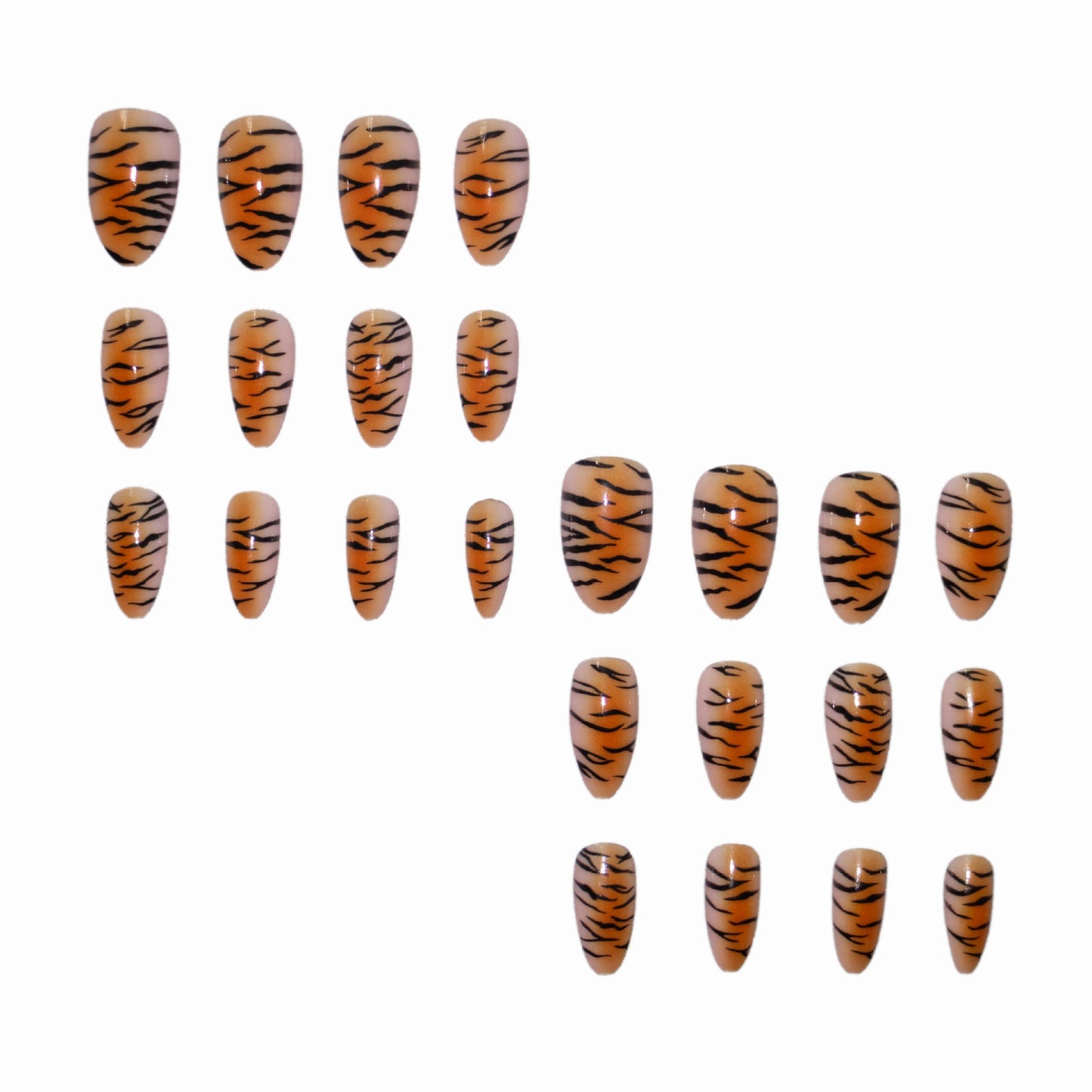 BABALAL Medium Almond Press on Nails - Brown Orange Ombre Tiger Print Acrylic Nails, 24 Pieces Fall Y2K Trendy Glossy Full Cover Glue on Nails for Women and Girls