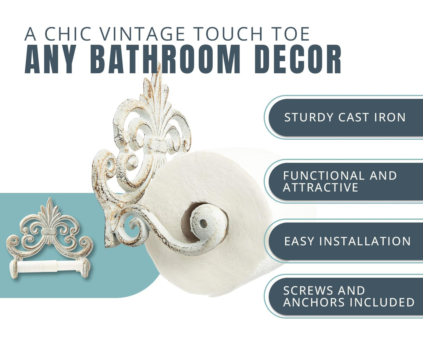 Comfify Fleur De Lis Cast Iron Toilet Paper Holder – Wall Mounted Tissue Dispenser – European Vintage Design – 7.28" x 6.29" x 3.74" – Includes Screws and Anchors – Antique White