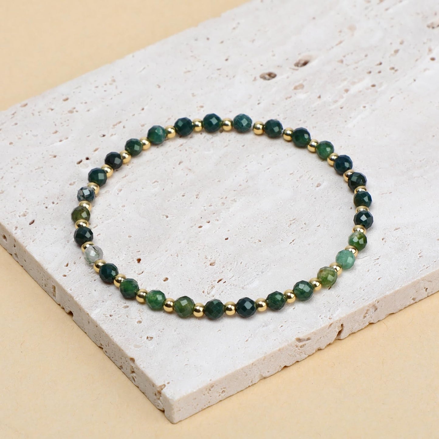 QOGIR Moss Agate - Stone of Optimistic - 14K Gold Plated Beads Natural Gemstone Stretch Elastic Dainty Healing Beaded Bracelets Gifts 4mm