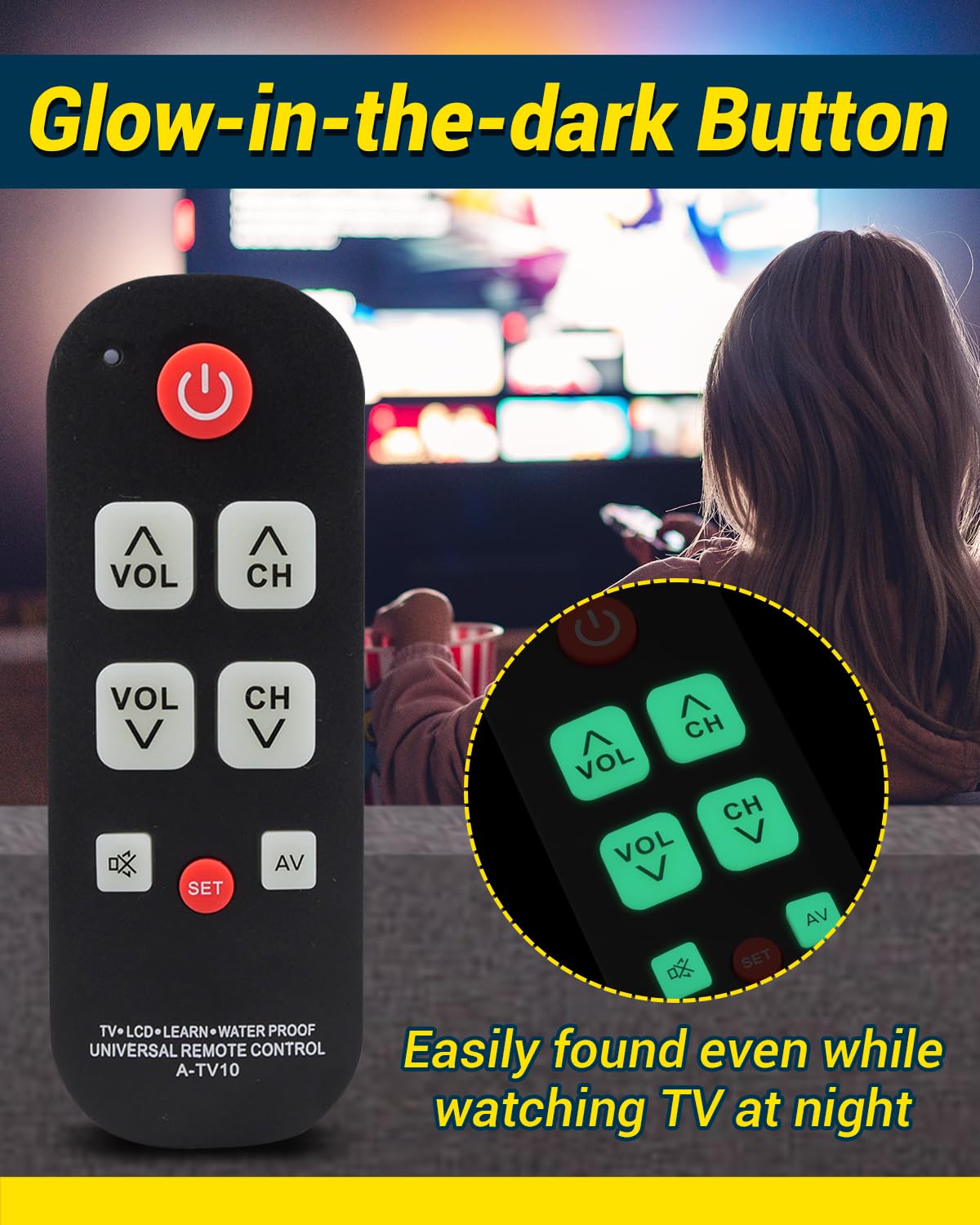 FurnyQuaint Big Button TV Remote Waterproof Control Remoto Universal para TV with Glow Keys for Seniors with Learning Functions Easy to Use and Set Up for Smart TV & Cable Box Controller