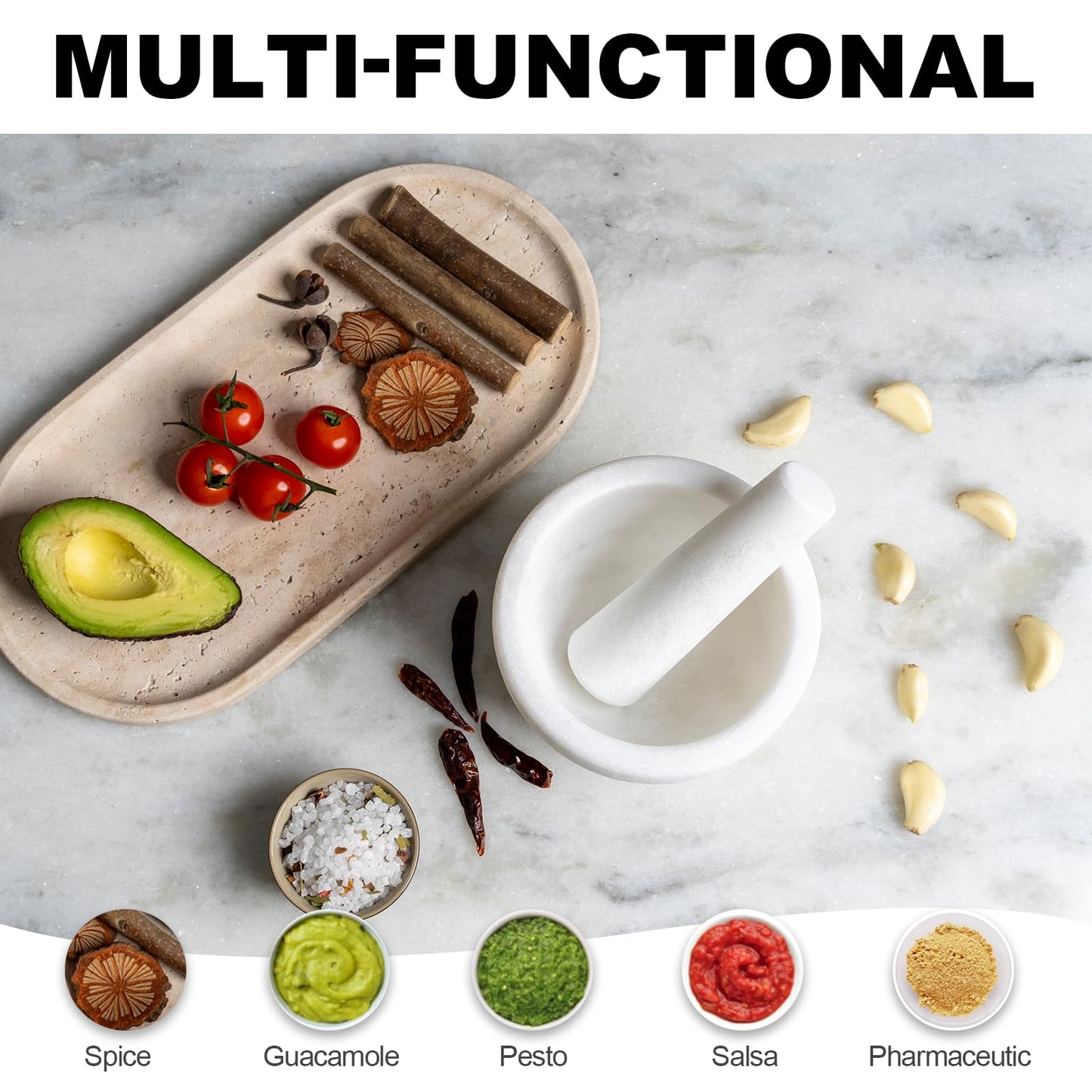 Koville Natural Marble Mortar and Pestle Set, 5" Unpolished Heavy Duty Grinder Bowl for Kitchen, Guacamole, Salsa, Pill Crusher, Spice, Herb, Marble Bowl for Kitchen Counter(Rough Surface Finished)